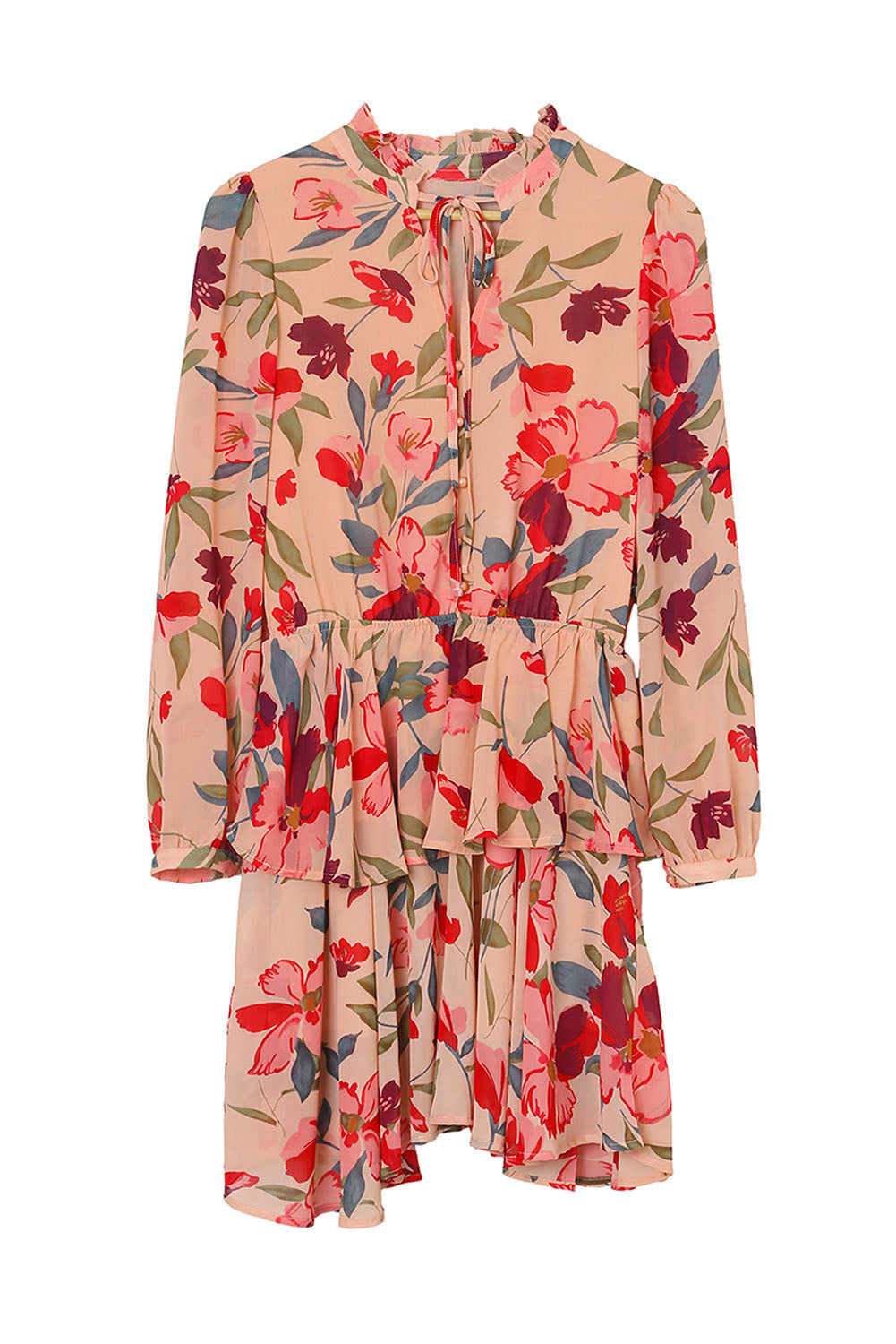 Red Frilled Collar Long Sleeve Floral Dress with Ruffle-yoyobikini