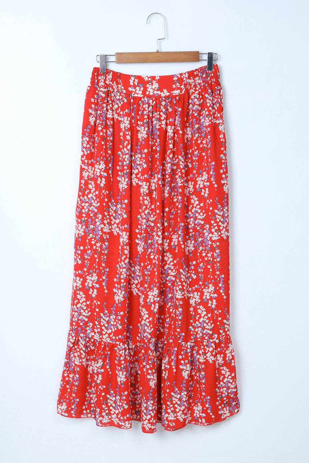 Red Multicolor Floral Ruffled Crop Top and Maxi Skirt Set-yoyobikini