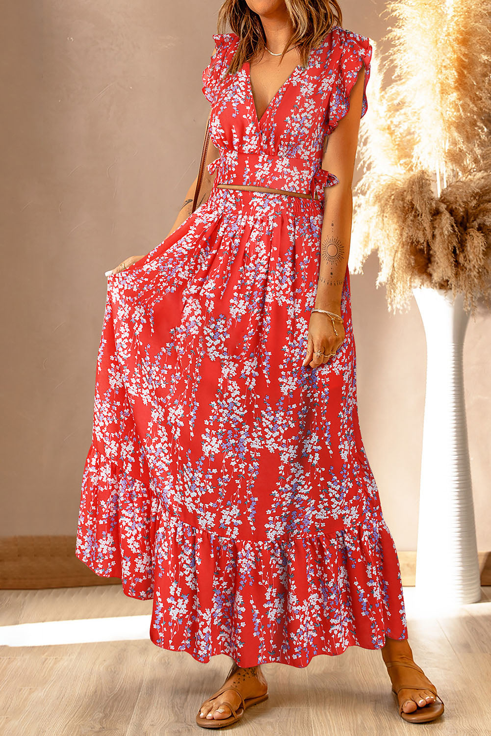 Red Multicolor Floral Ruffled Crop Top and Maxi Skirt Set-yoyobikini