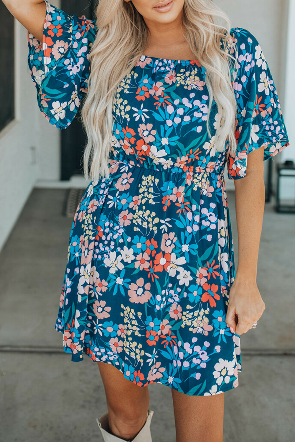 Blue Square Neck Ruffle Floral Dress-yoyobikini