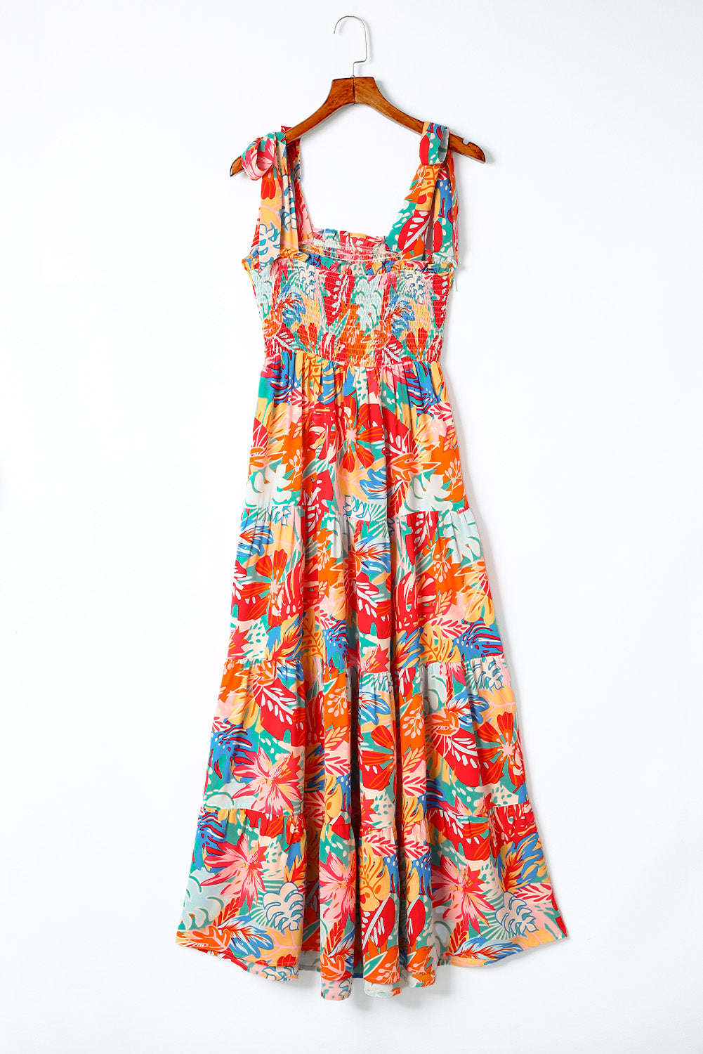 Multicolor Vibrant Tropical Print Smocked Ruffle Tiered Maxi Dress-yoyobikini