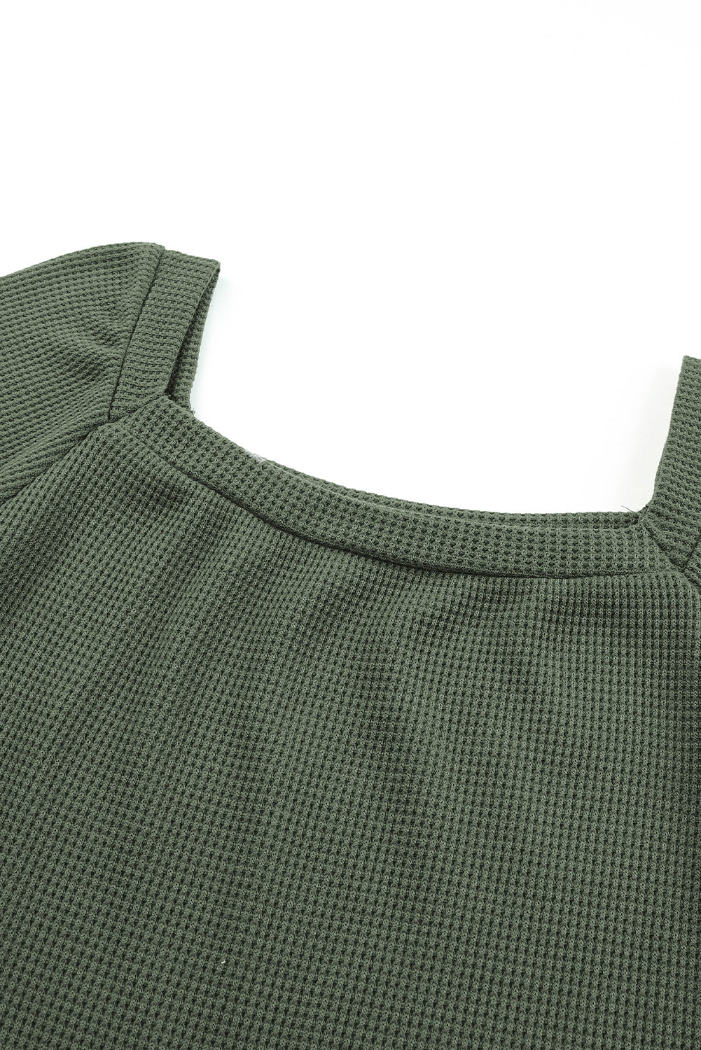 Green Scoop Neck Puff Sleeve Waffle Knit Top-yoyobikini