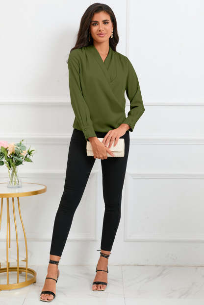 Green Solid Wrap V Neck Long Sleeve Top-yoyobikini