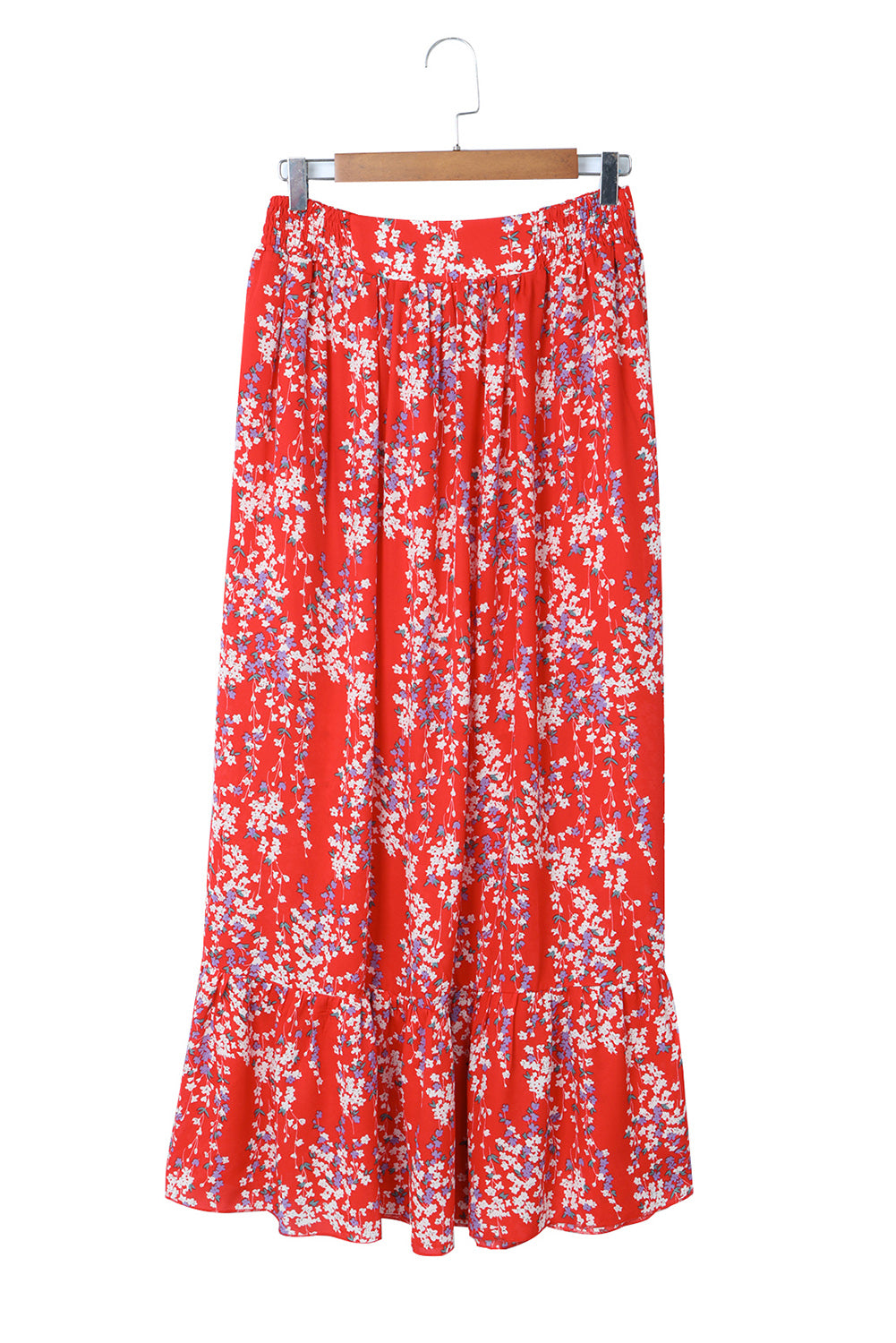 Red Multicolor Floral Ruffled Crop Top and Maxi Skirt Set-yoyobikini
