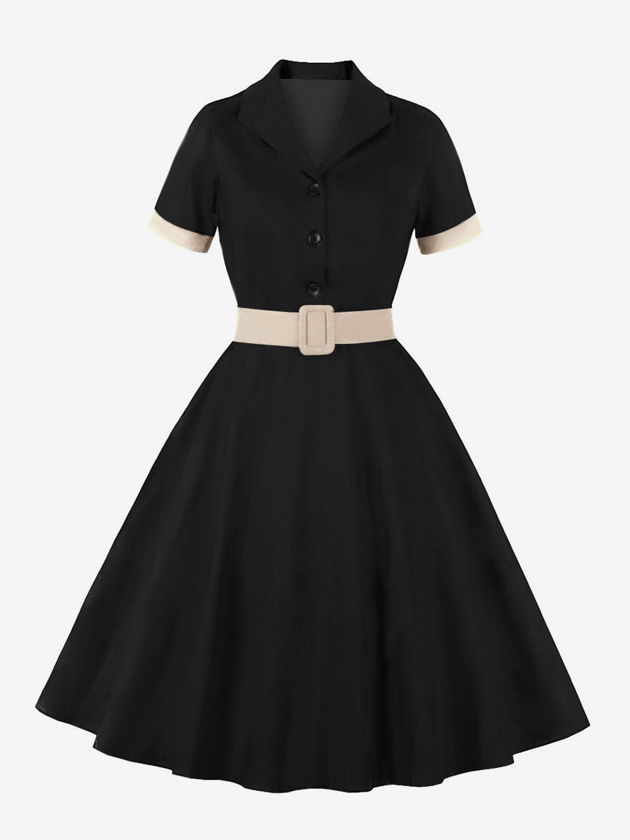 Retro Dress 1950s Audrey Hepburn Style Blue Gray Women Short Sleeves Rockabilly Dress