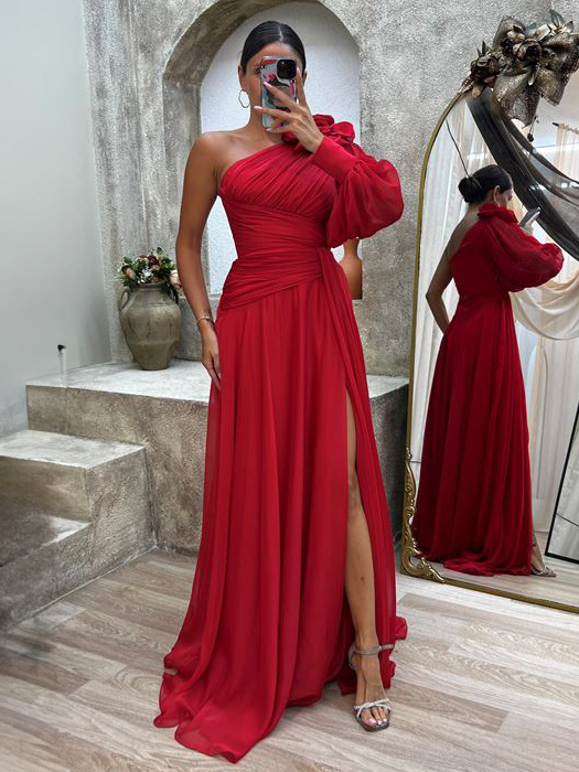 Party Dresses One-Shoulder High-Slit Pleated Cocktail Dress In Solid Color