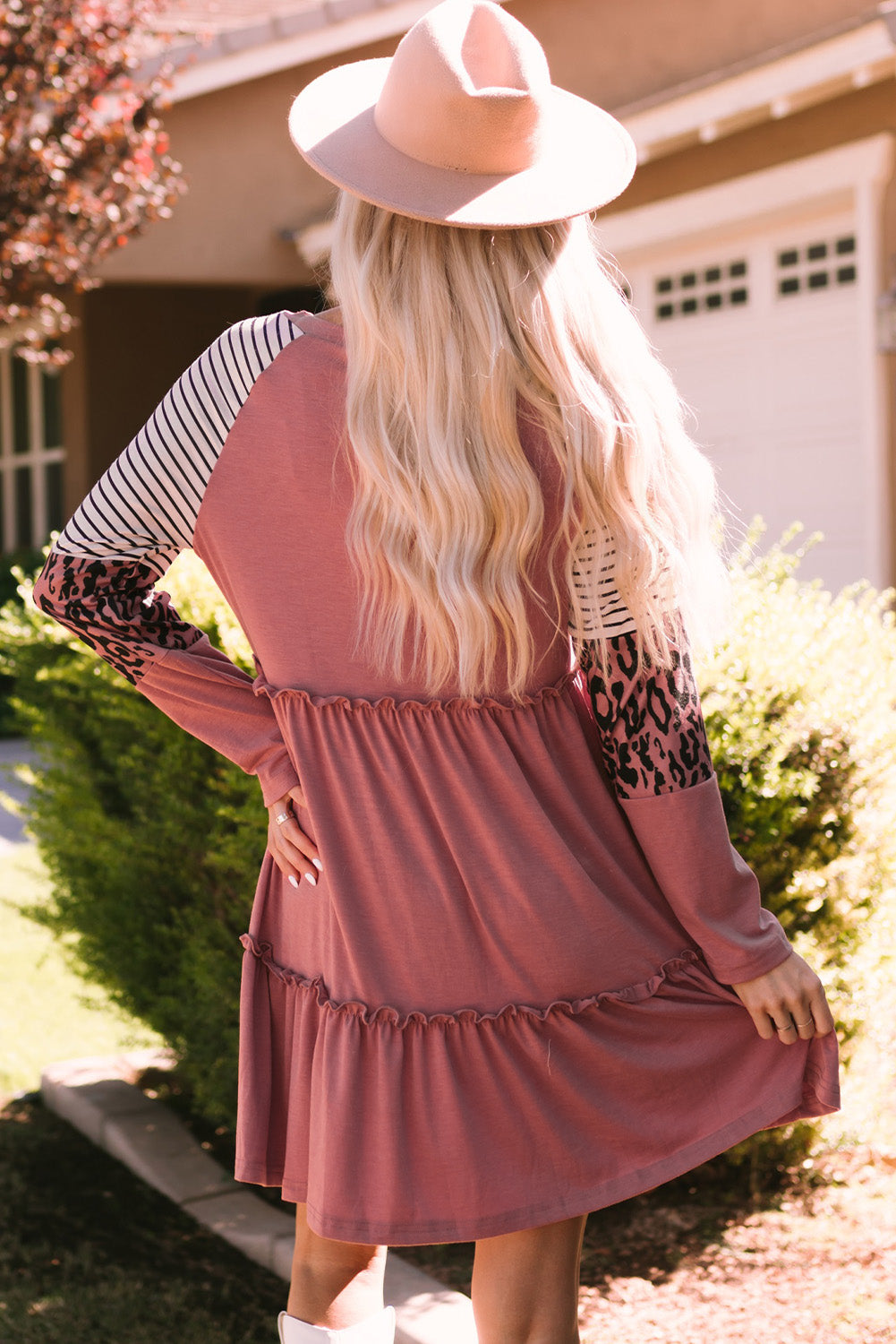 Pink Striped Leopard Patchwork Long Sleeve Mini Dress-yoyobikini