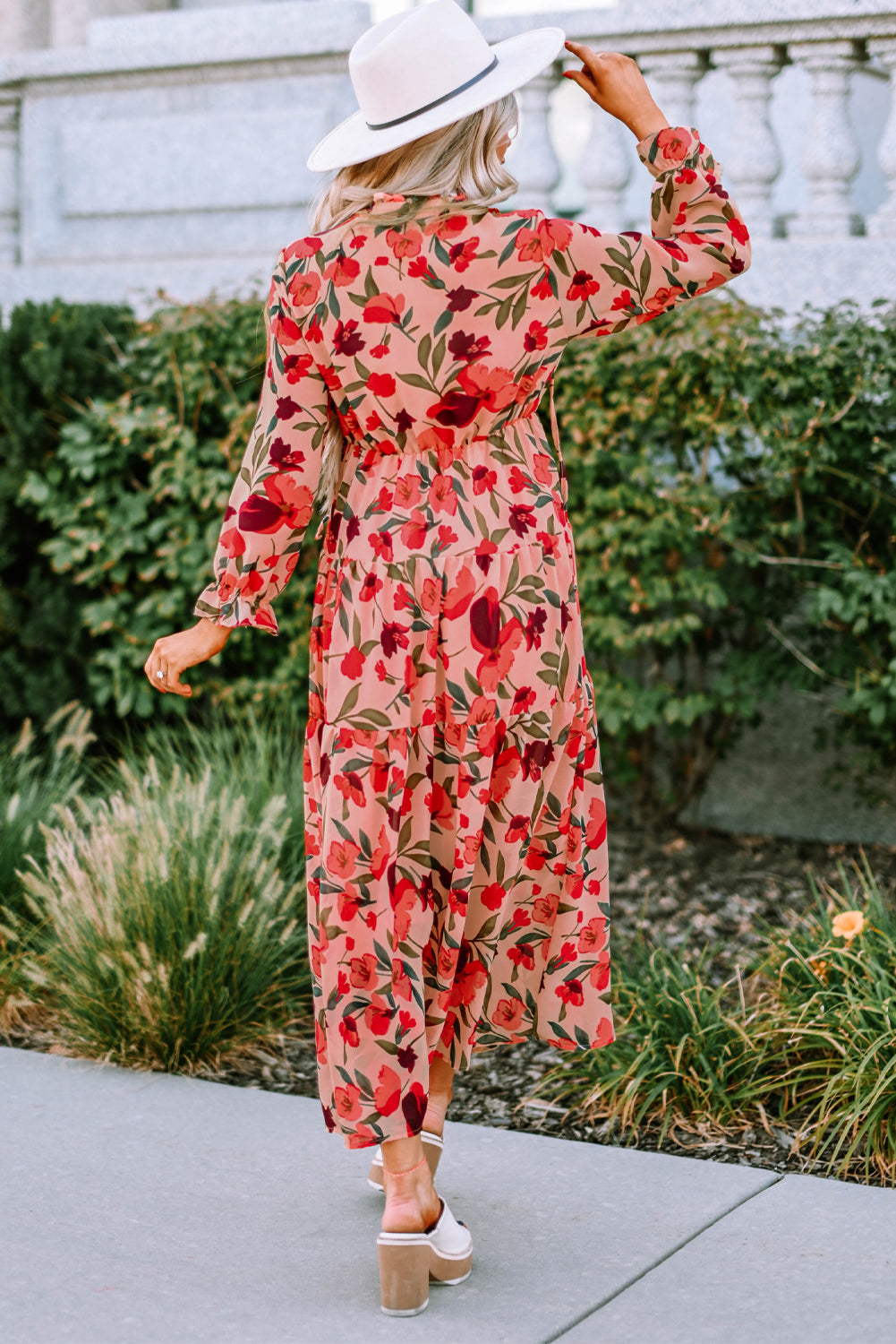 Red Frilled Collar Long Sleeve Tiered Maxi Floral Dress-yoyobikini