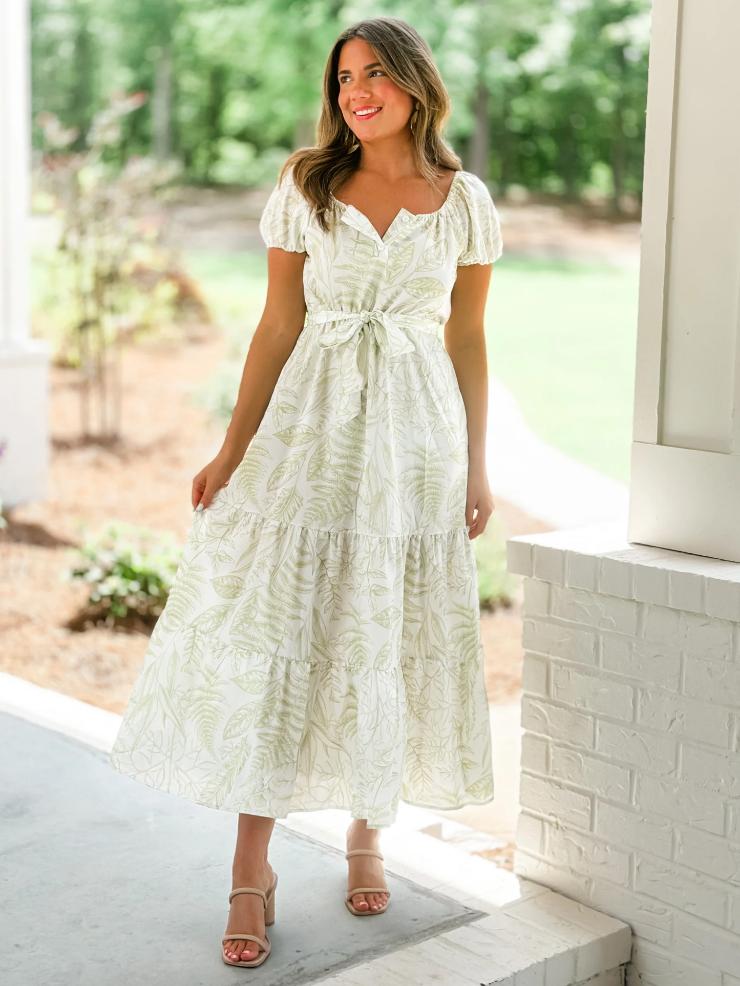 Summer Dress Sweetheart Neck Printed Lace Up Green Long Beach Dress