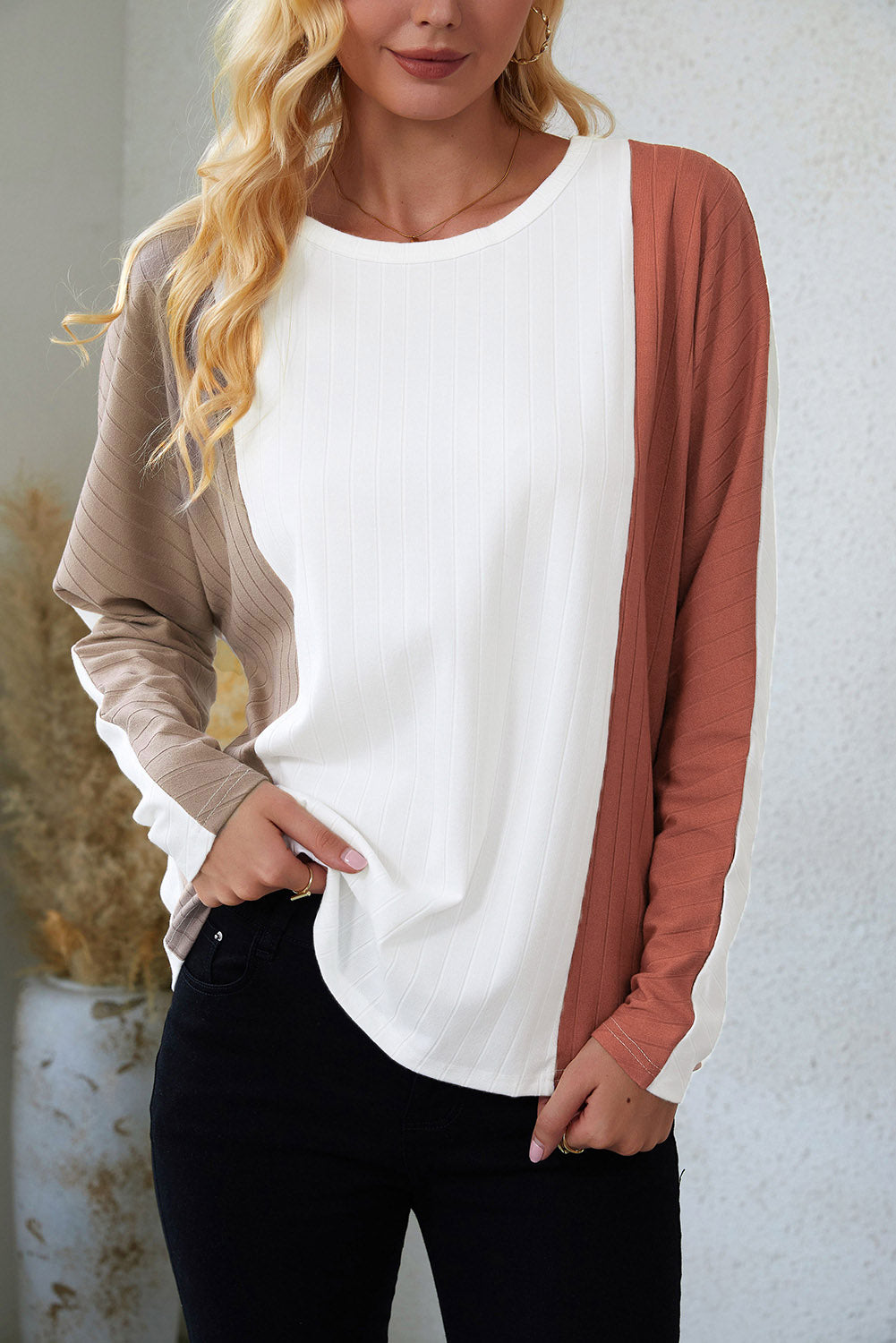 Apricot Colorblock Dolman Knit Top-yoyobikini