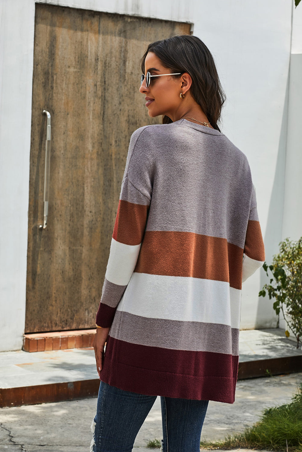 Open Front Colorblock Cardigan with Pockets-yoyobikini