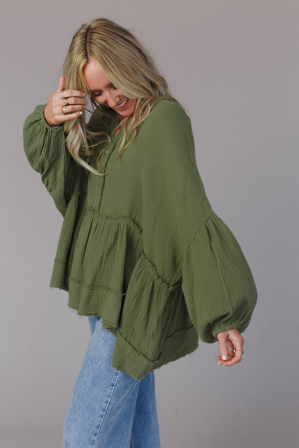 Green Henley Button Drop Shoulder Loose Sleeve Raw Edge Top-yoyobikini