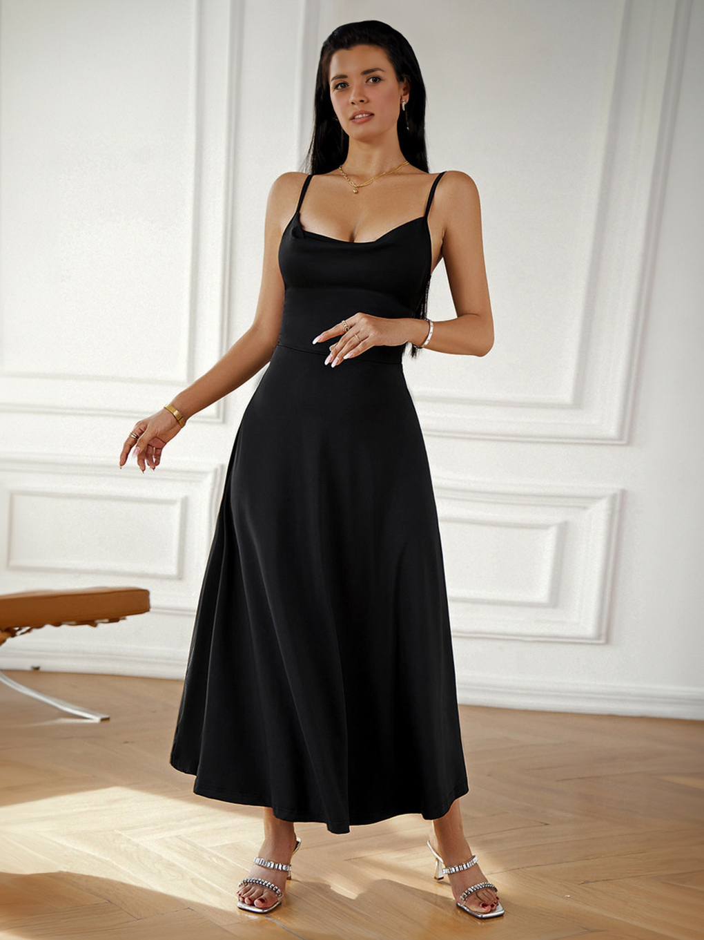 Summer Dress Cowl Neck Lace Up Backless Black Long Beach Dress