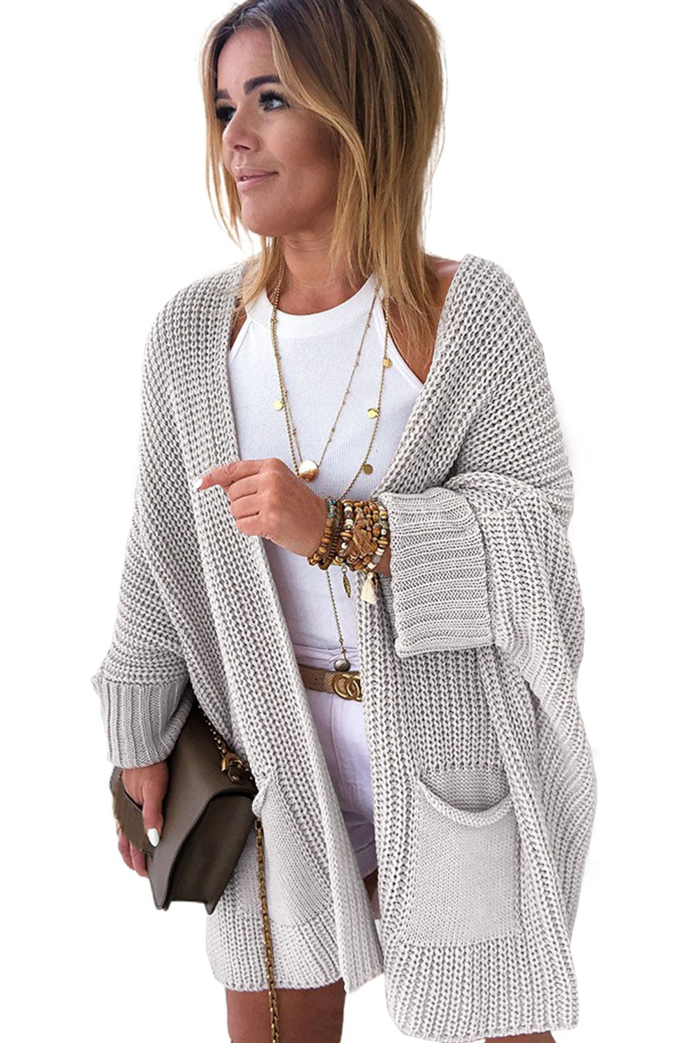 Gray Oversized Fold Over Sleeve Sweater Cardigan-yoyobikini
