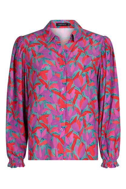 Multicolor Abstract Floral Button Up Long Puff Sleeve Shirt-yoyobikini