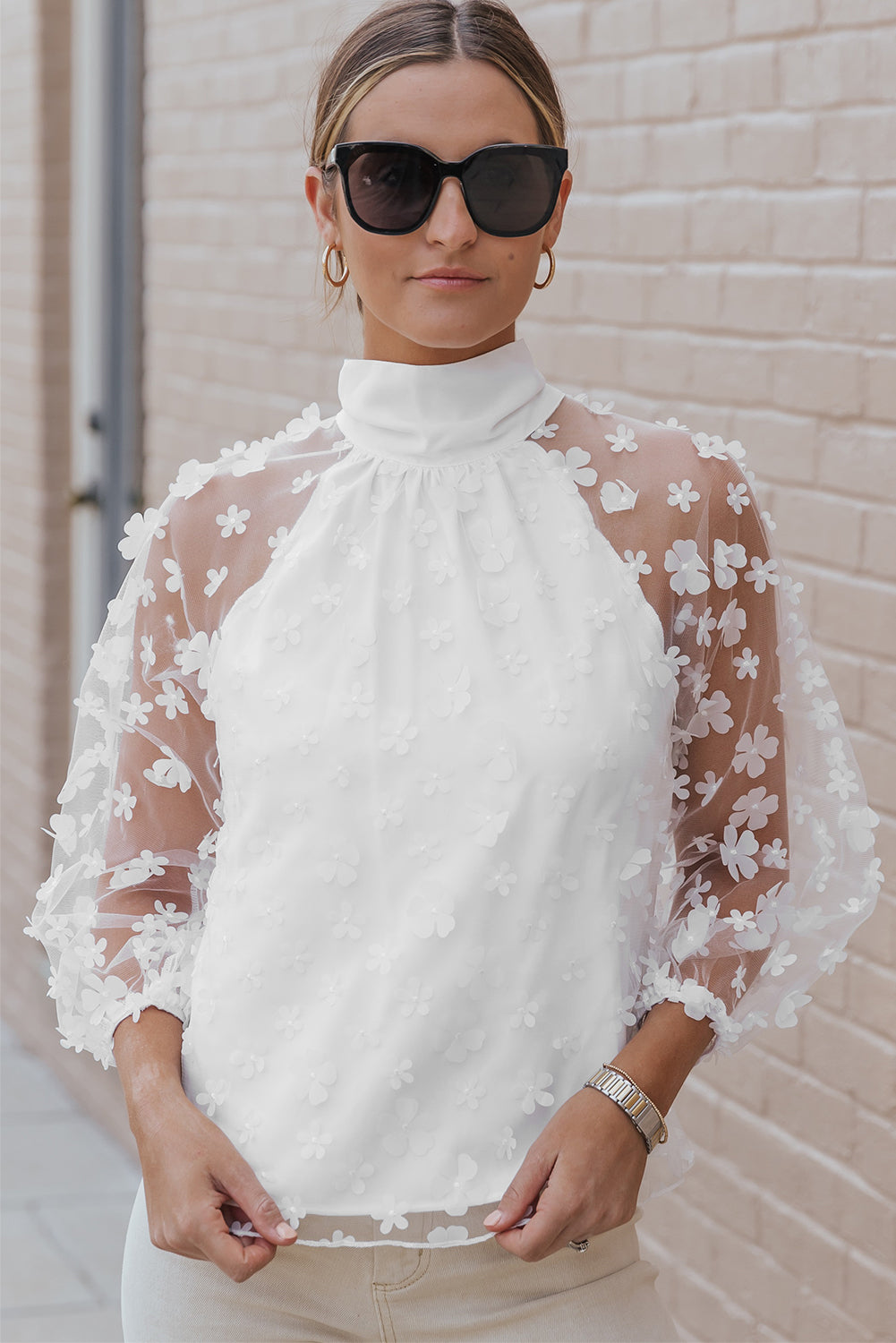 White Mock Neck Floral Mesh Long Sleeve Top-yoyobikini