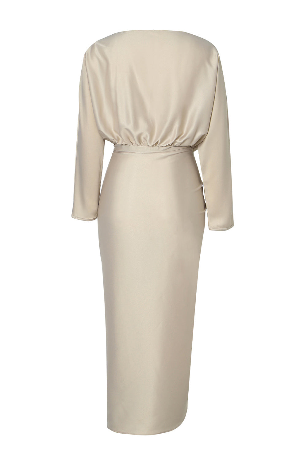 Apricot Satin Wrap Tie Side Boat Neck Long Sleeve Dress-yoyobikini