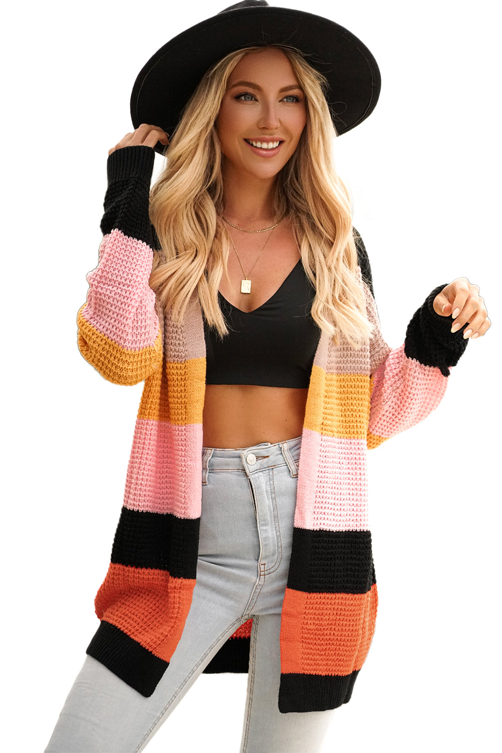 Multicolor Waffle Knit Color Block Open Front Cardigan-yoyobikini