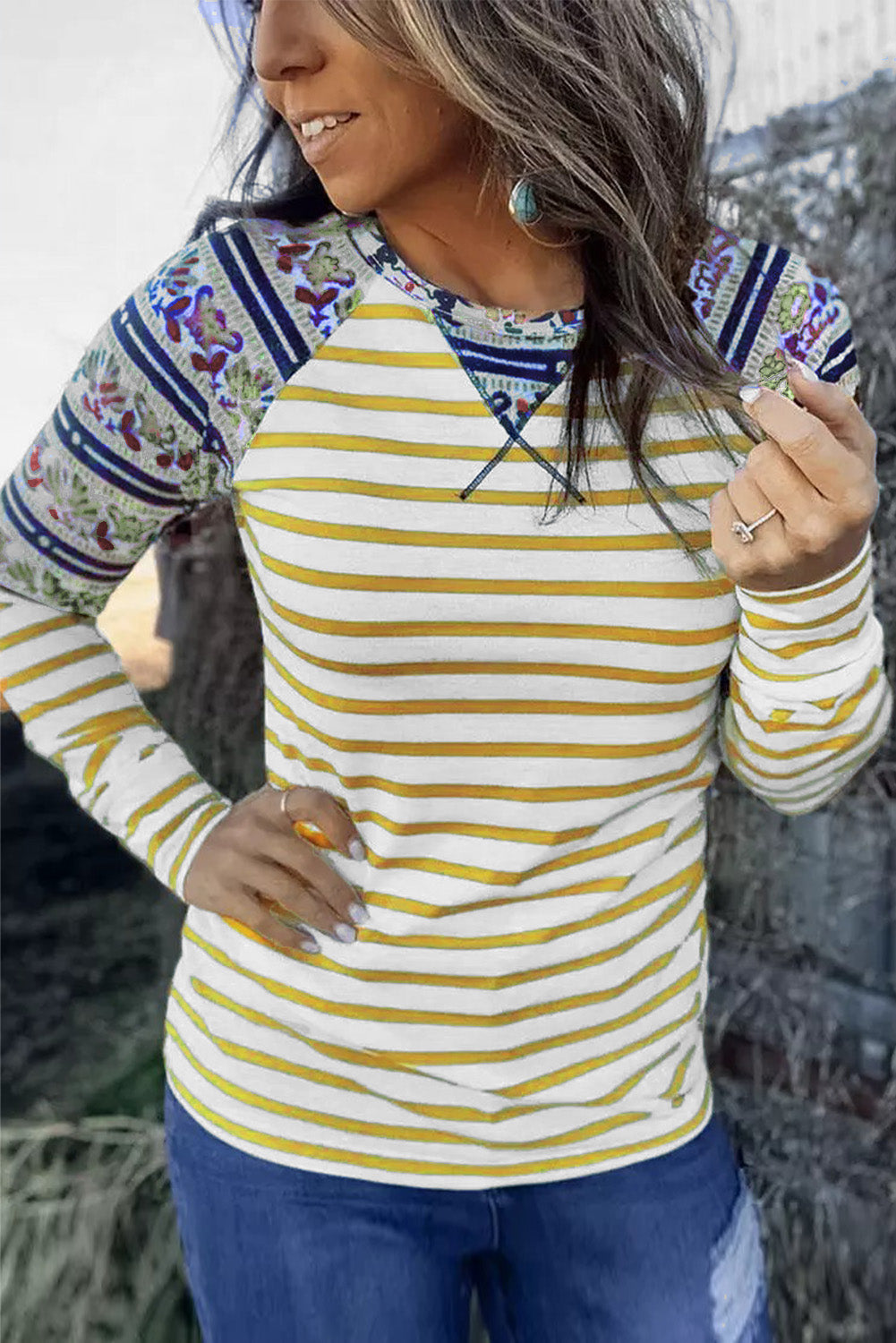 Striped Cartoon Graphic Raglan Sleeve Casual Blouse-yoyobikini