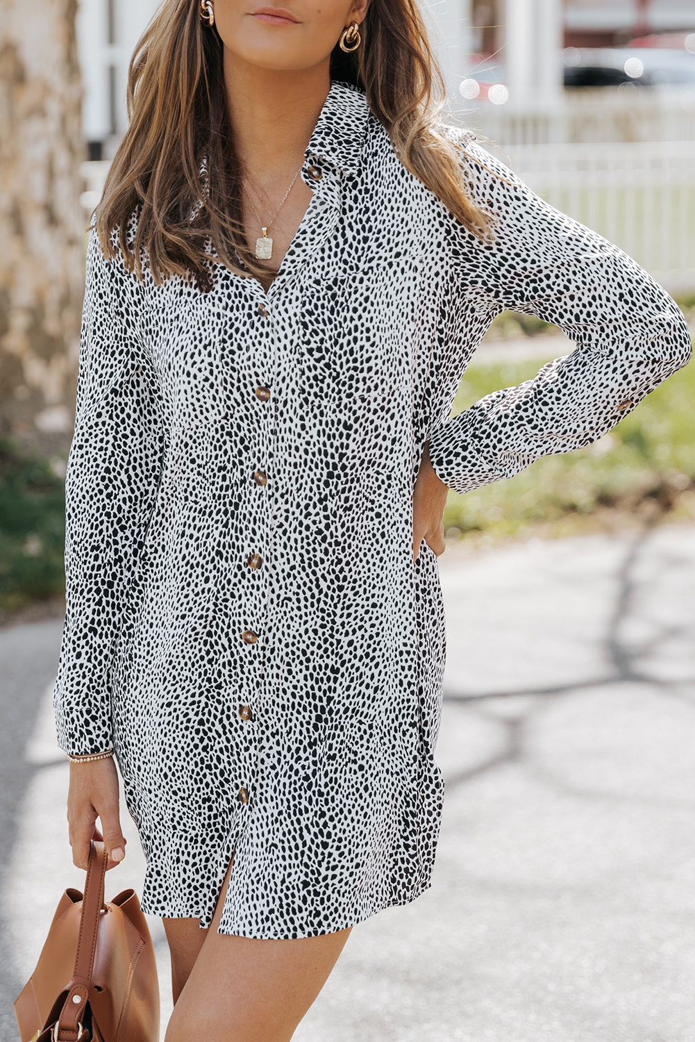 Long Sleeve Leopard Animal Print Shirt Dress-yoyobikini