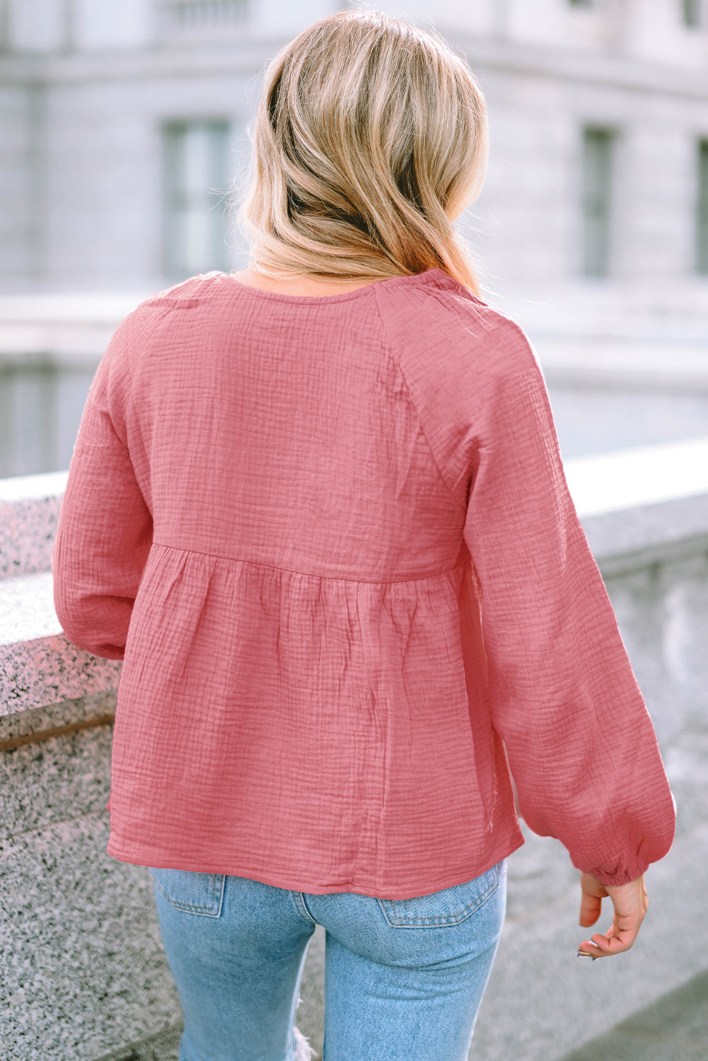 Pink Bubble Sleeve Textured Flowy Blouse-yoyobikini