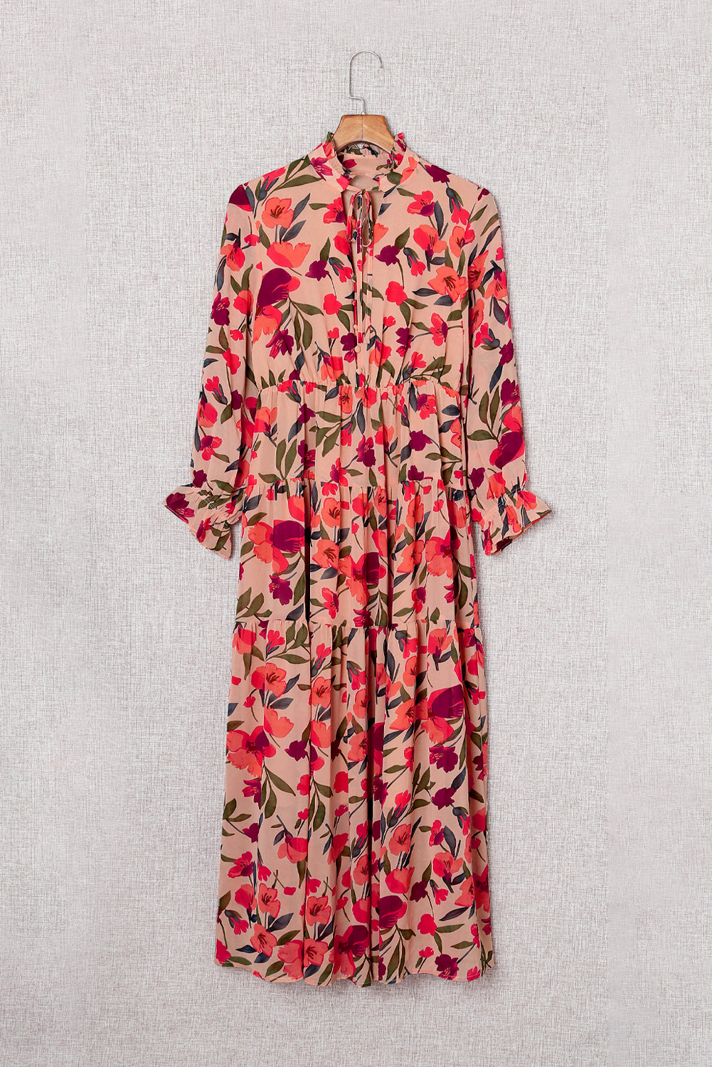 Red Frilled Collar Long Sleeve Tiered Maxi Floral Dress-yoyobikini