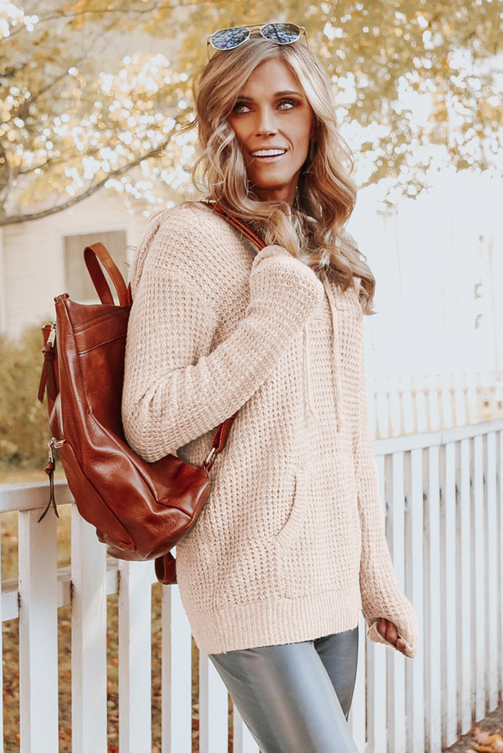 Apricot Waffle Knit Buttons Hooded Sweater with Pocket-yoyobikini
