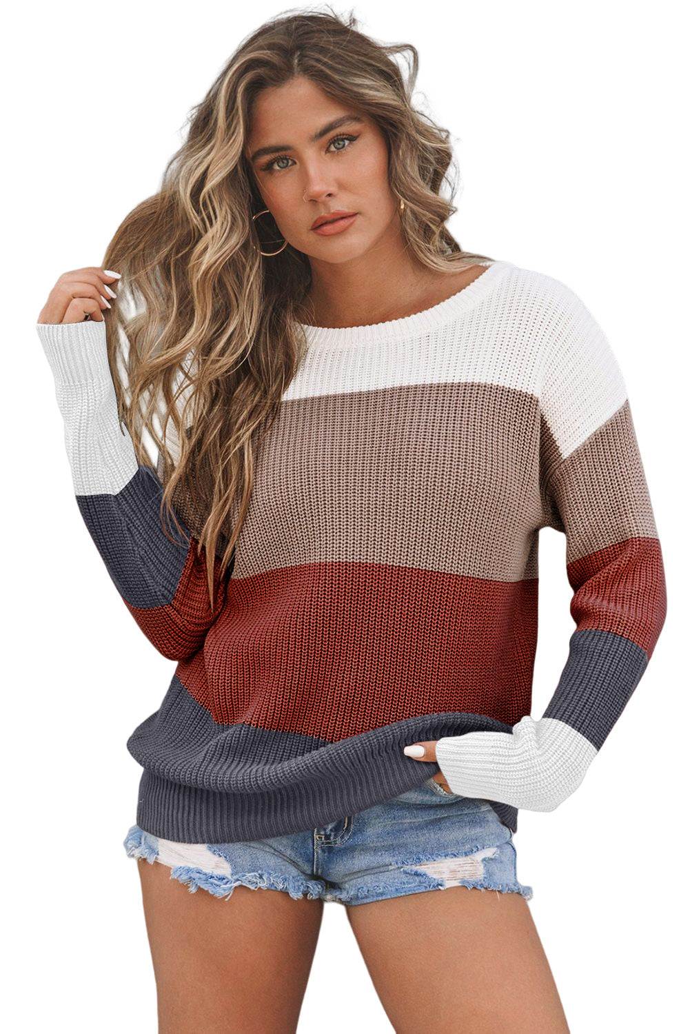 Color Block Knitted O-neck Pullover Sweater-yoyobikini