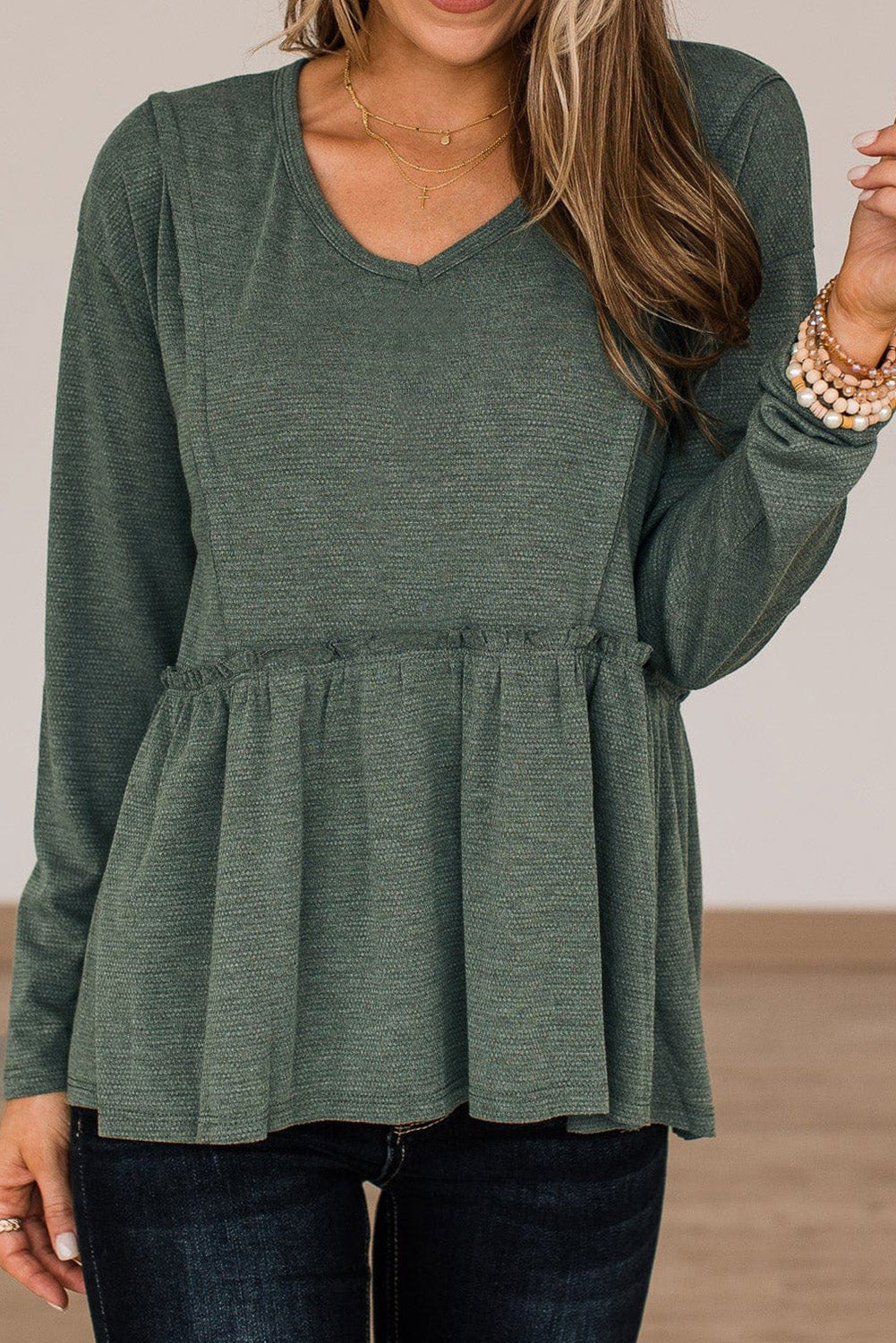 Green Outseam Detail Long Sleeve Peplum Top-yoyobikini