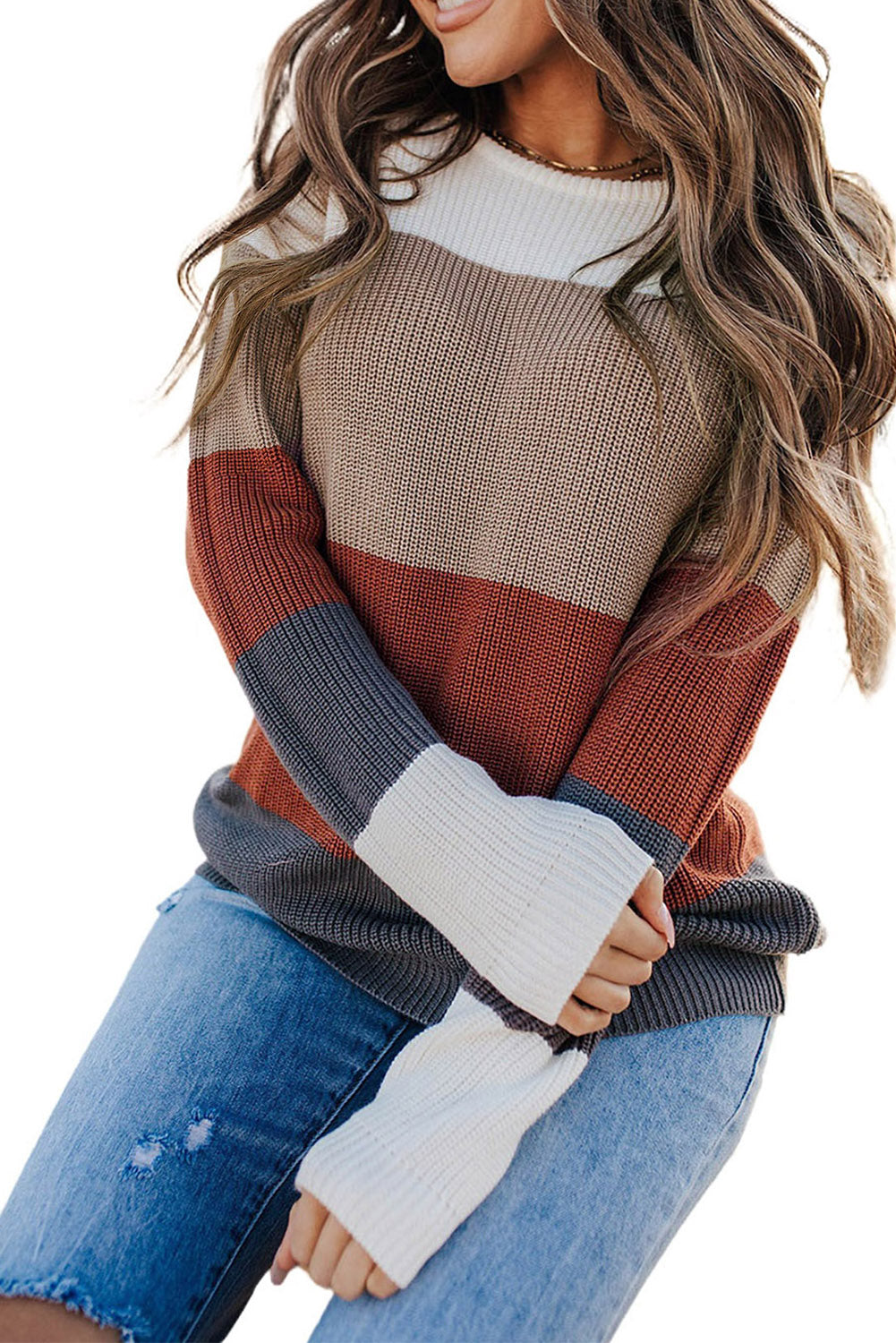 Color Block Knitted O-neck Pullover Sweater-yoyobikini