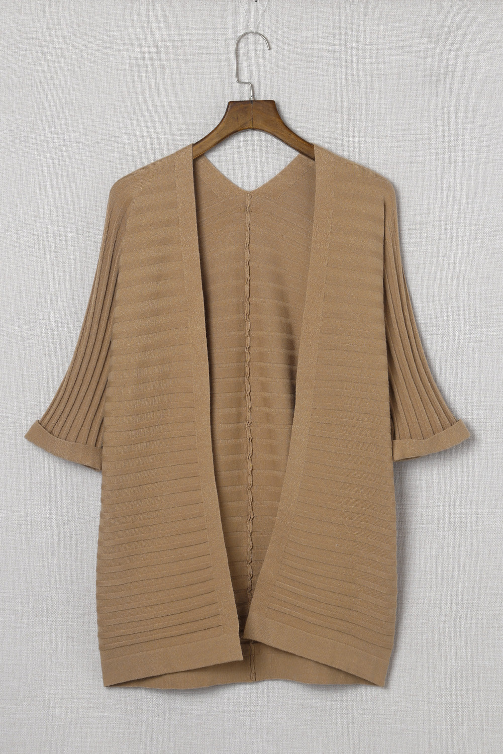 Brown Ribbed Open Front Knit Cardigan-yoyobikini