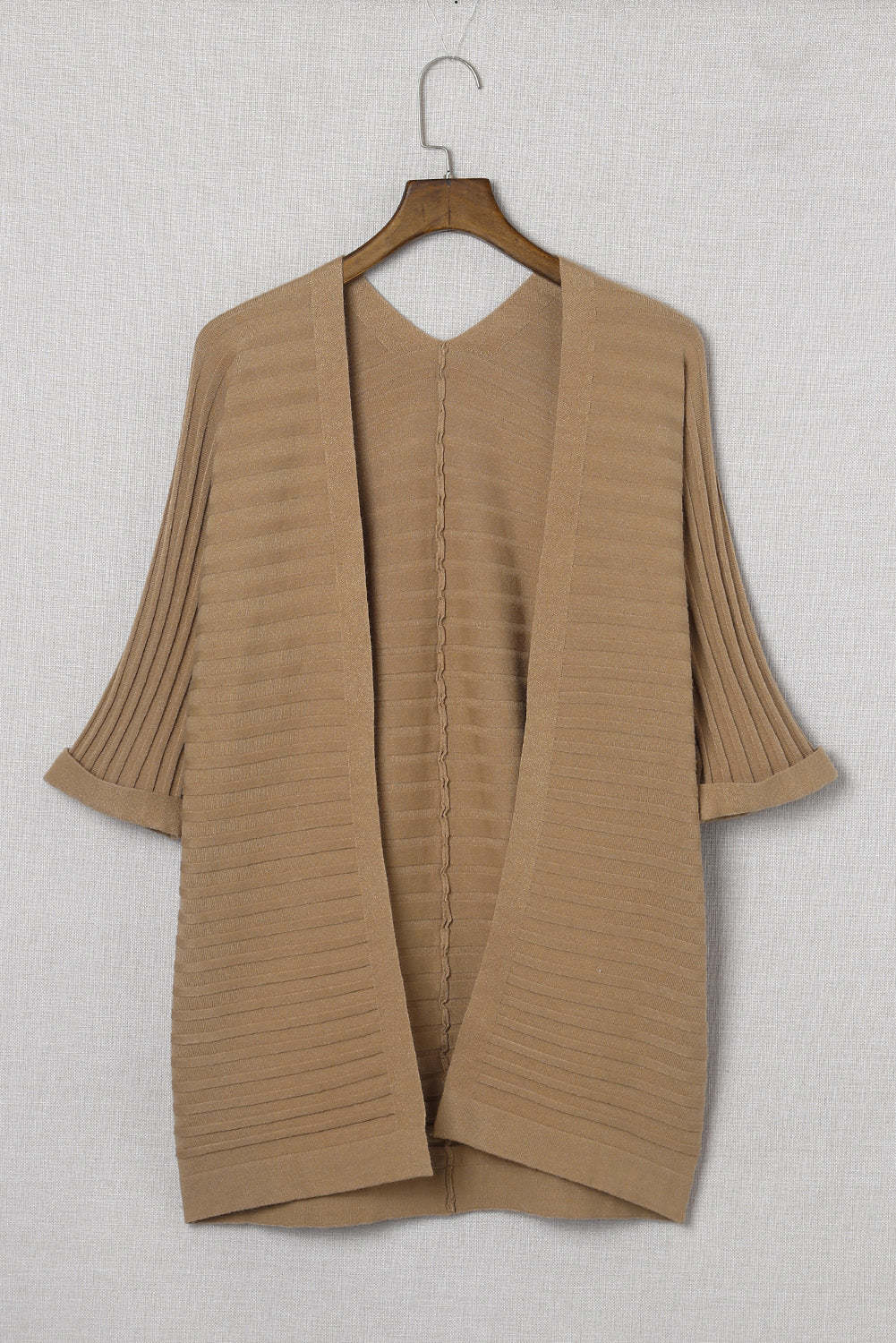 Brown Ribbed Open Front Knit Cardigan-yoyobikini