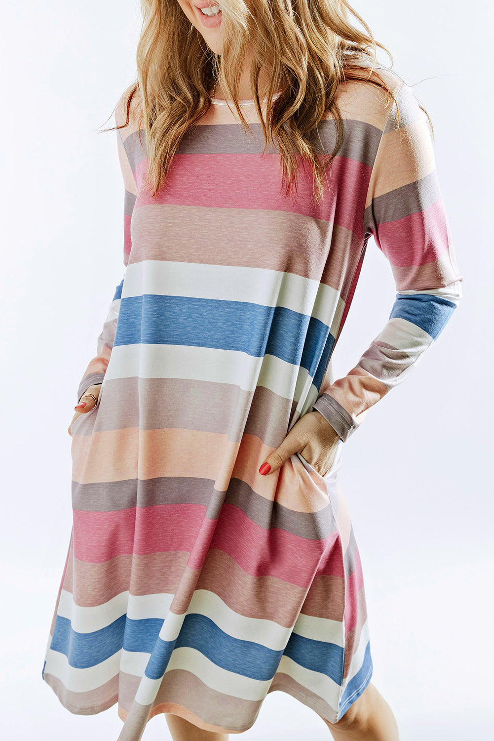 Rainbow Long Sleeve Stripes Mini Dress-yoyobikini
