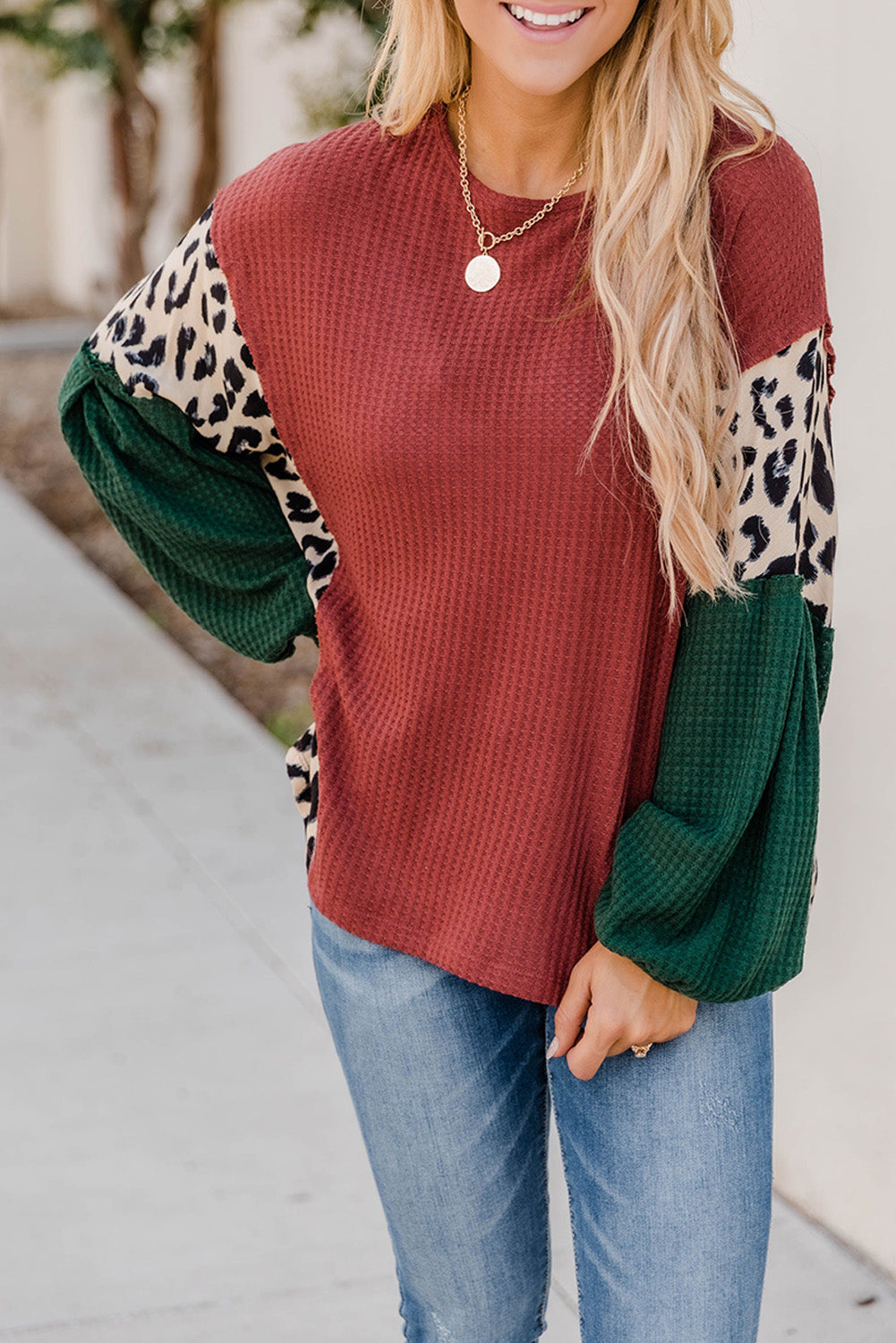 Brown Leopard Splicing Waffle Color Block Puff Sleeve Top-yoyobikini