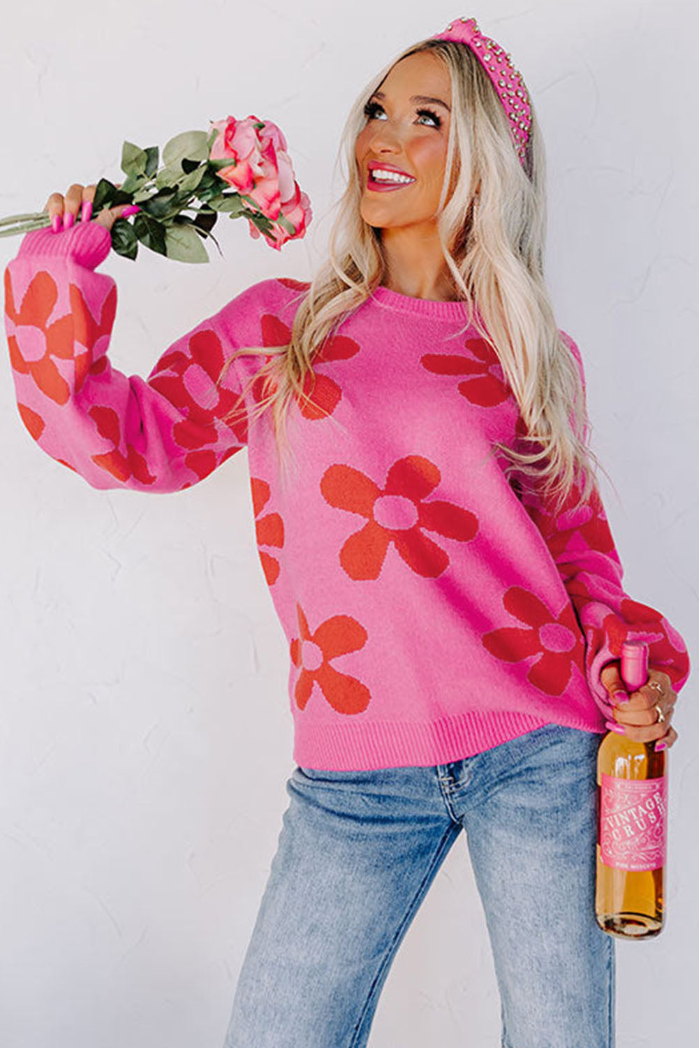 Rose Big Flower Knit Ribbed Trim Sweater-yoyobikini