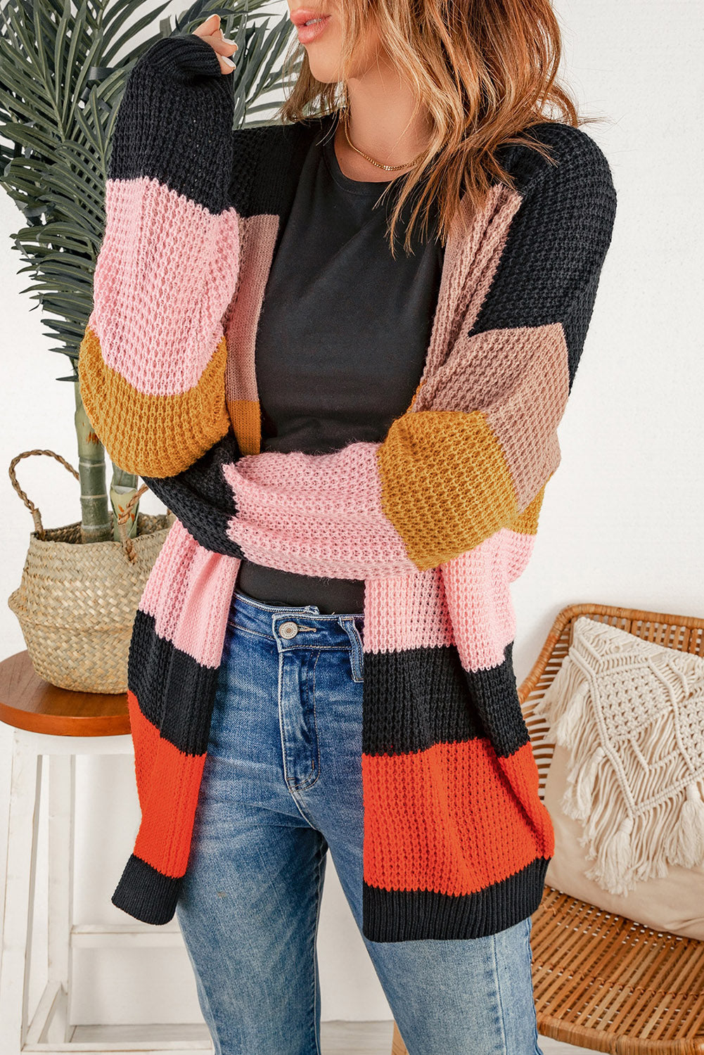 Multicolor Waffle Knit Color Block Open Front Cardigan-yoyobikini
