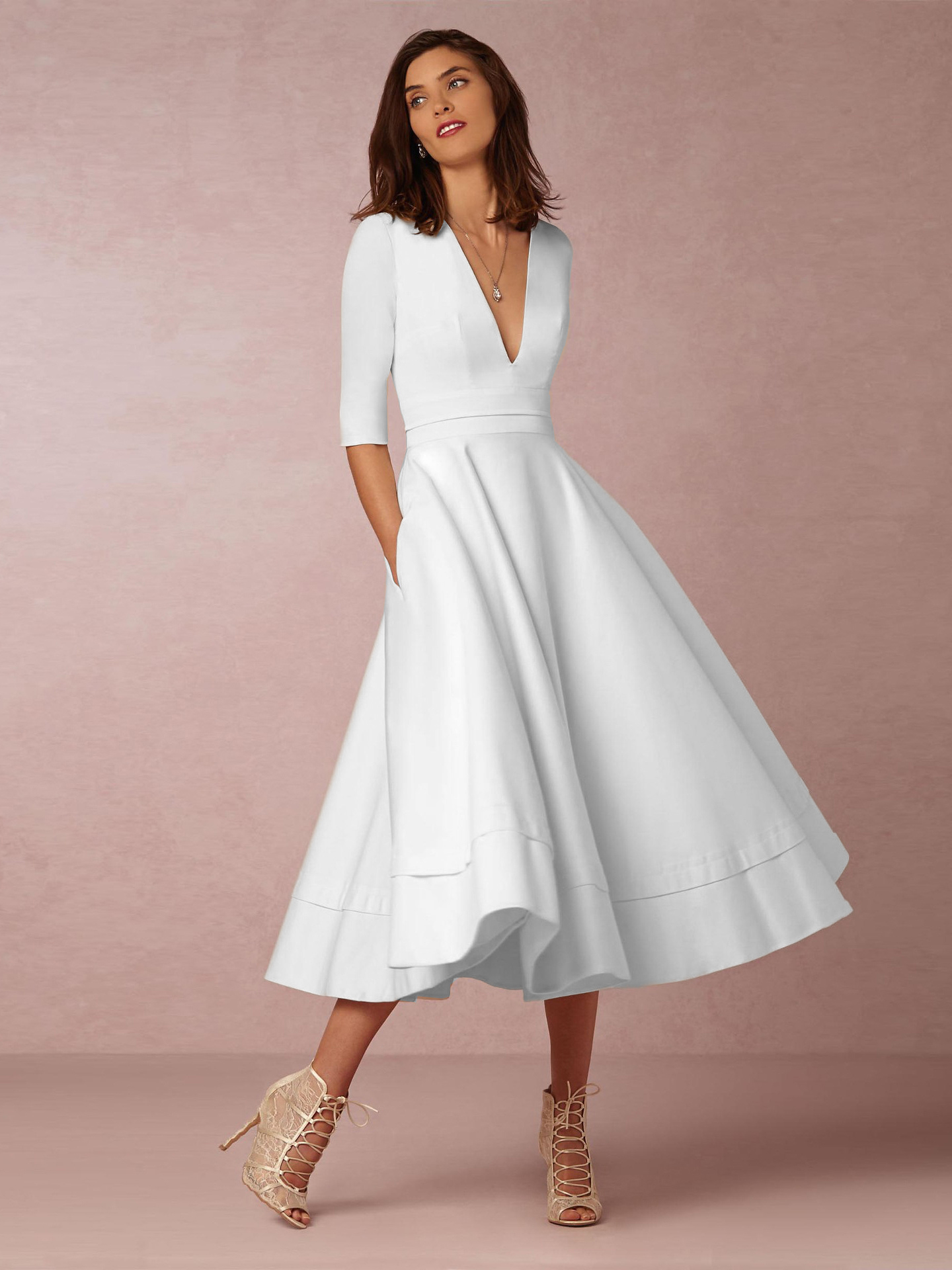 Plunge Midi Dress Half Sleeves Pockets A-Line Prom Dresses