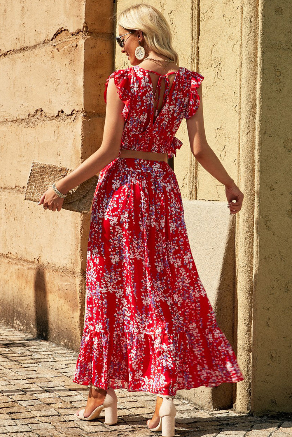 Red Multicolor Floral Ruffled Crop Top and Maxi Skirt Set-yoyobikini