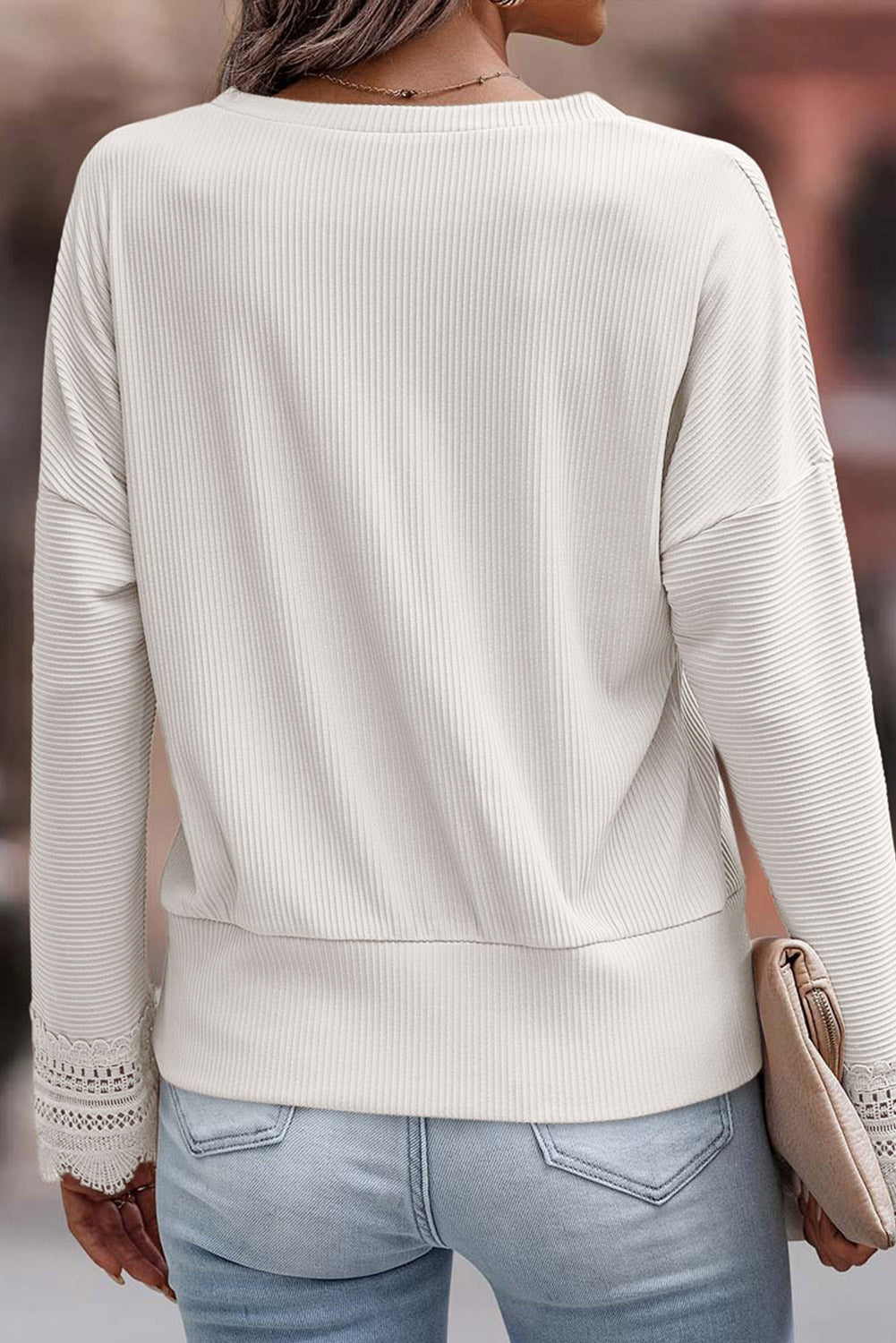 White Ribbed Texture Lace Trim V Neck Long Sleeve Top-yoyobikini