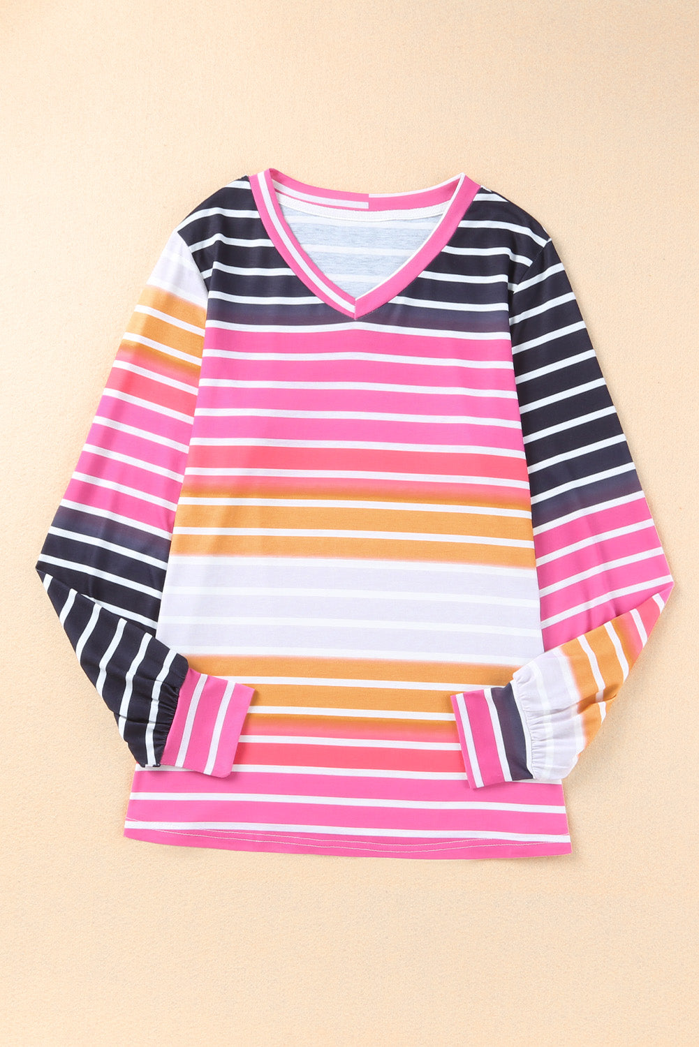 Multicolor Gradient Striped Long Sleeve V-Neck Blouse-yoyobikini