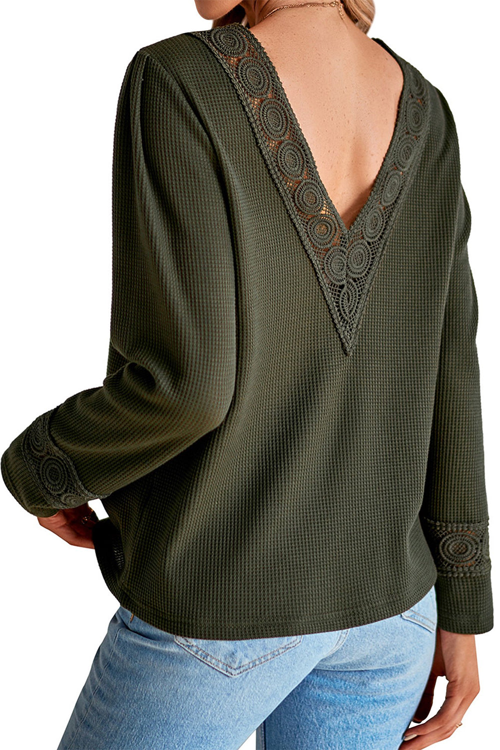 Green Lace Patchwork V Neck Waffle Knit Top-yoyobikini