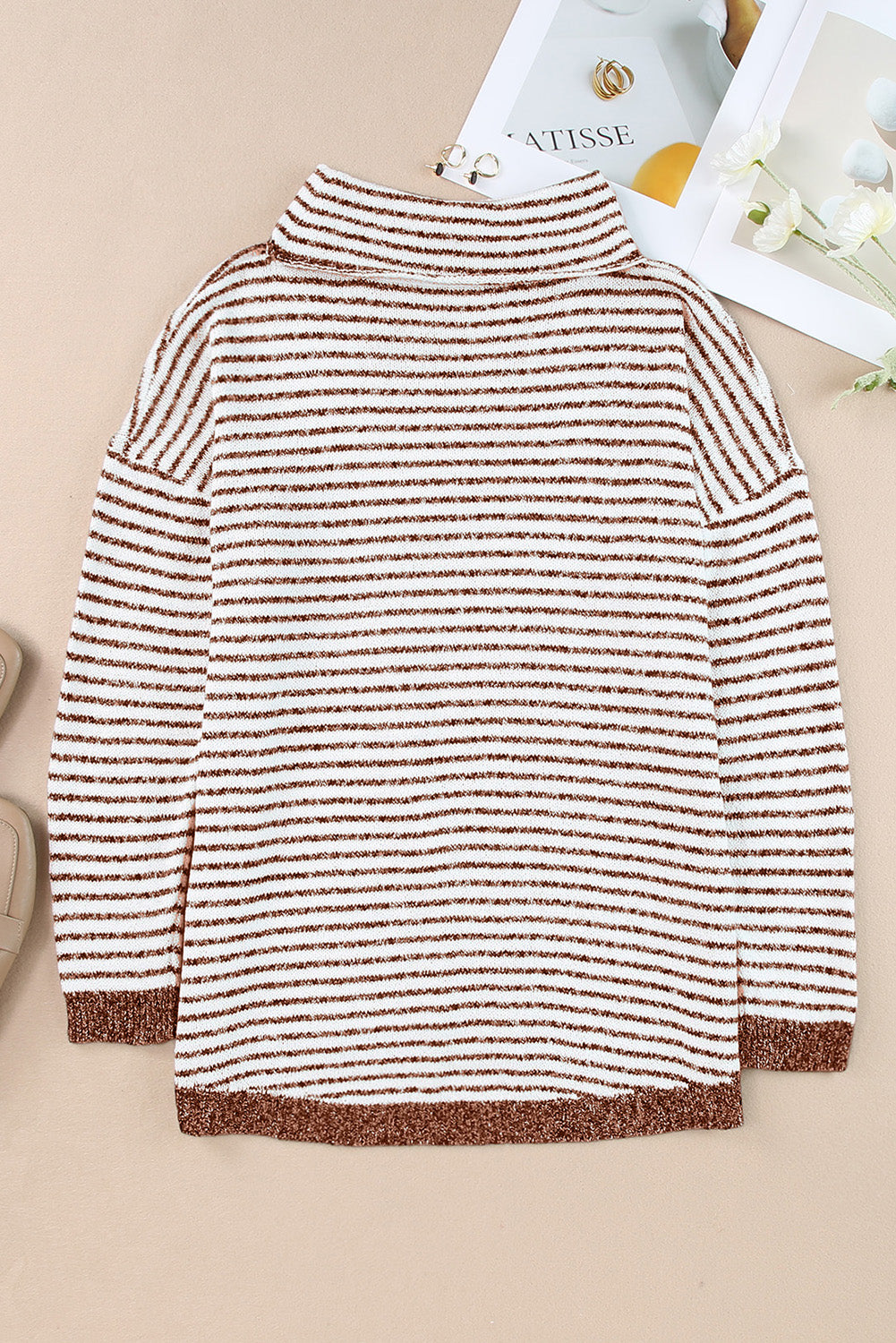 Brown Striped Turtleneck Loose Sweater-yoyobikini