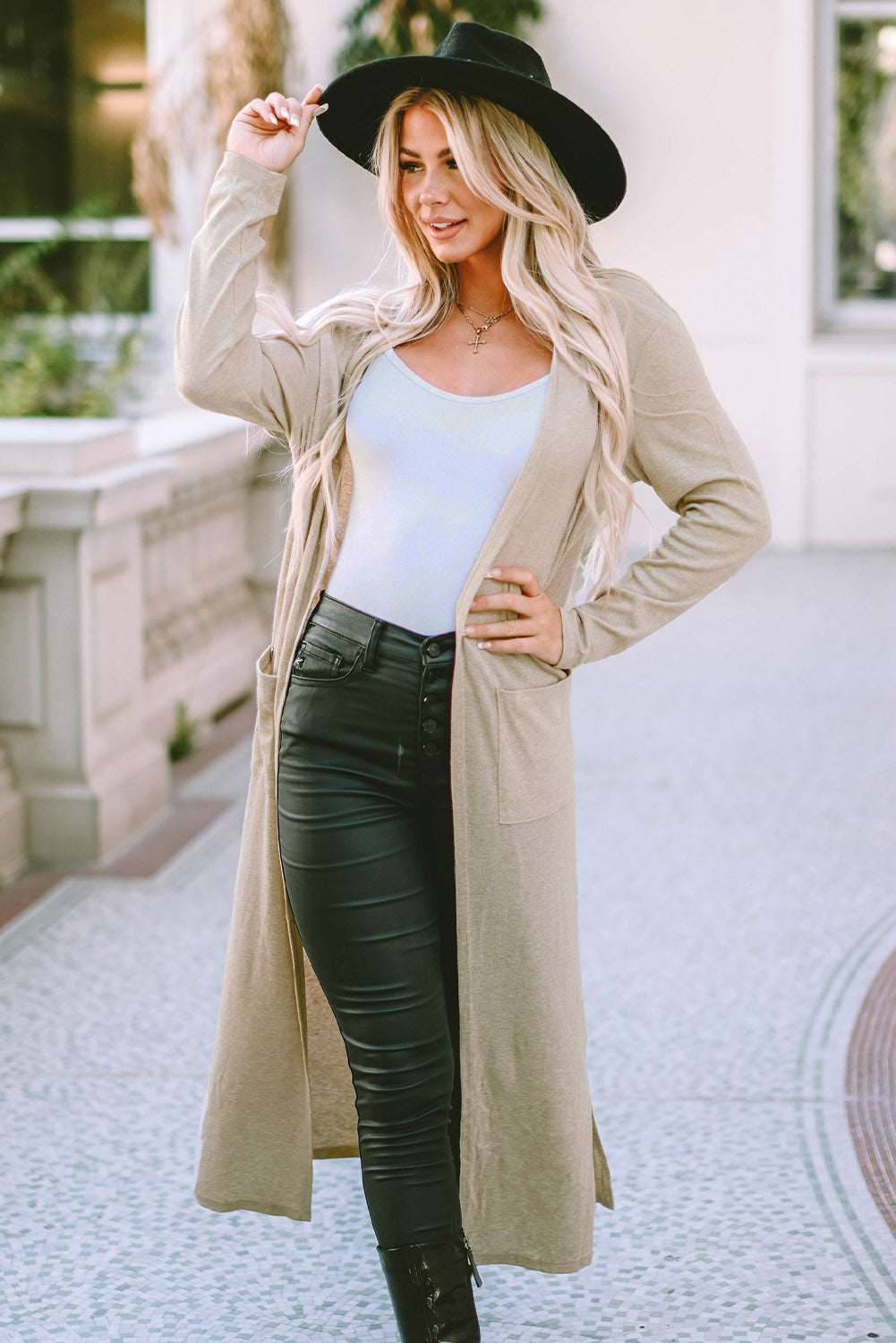 Apricot Open Front Pocketed Duster Cardigan with Slits-yoyobikini