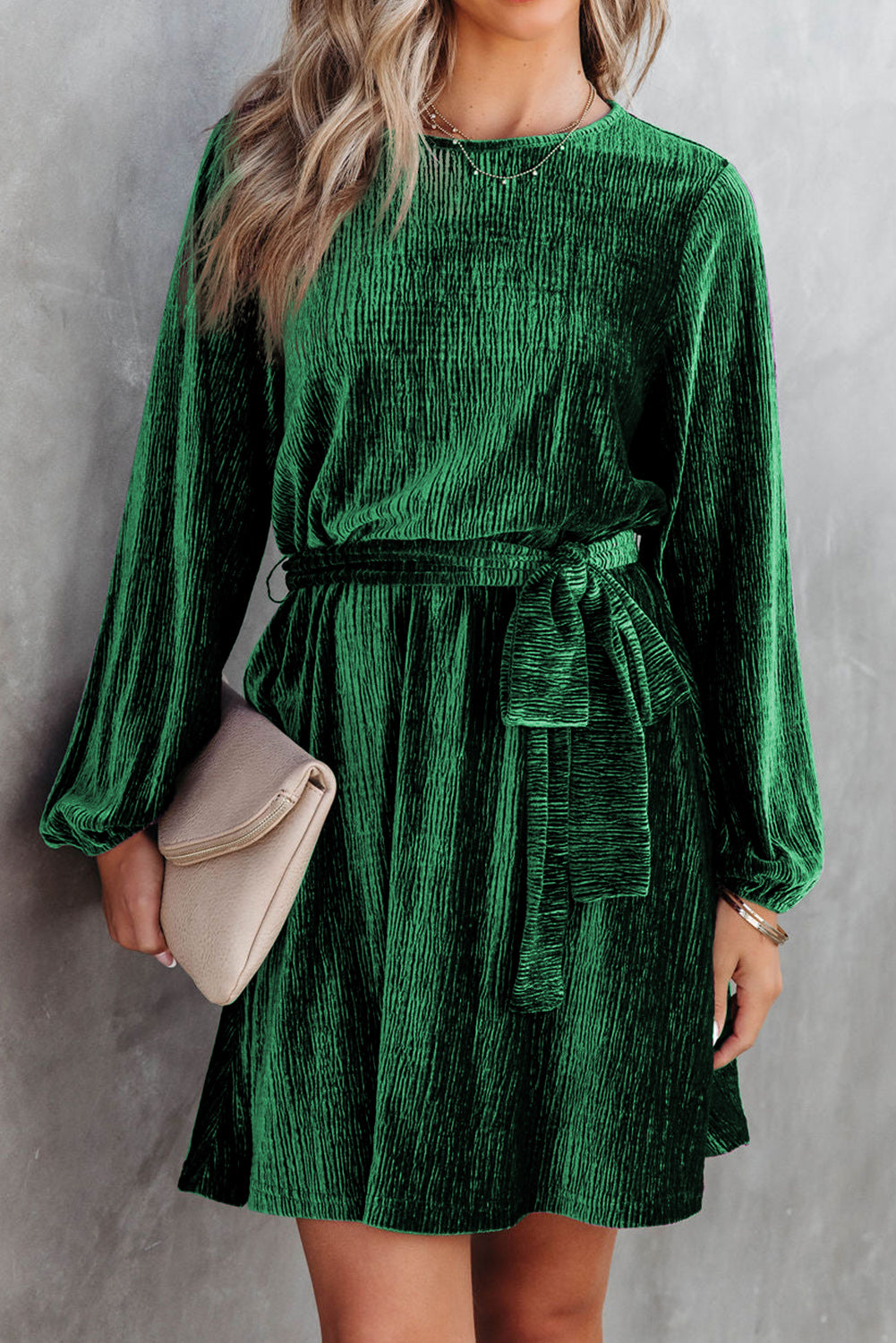 Green Tie Waist Crinkle Velvet Dress-yoyobikini