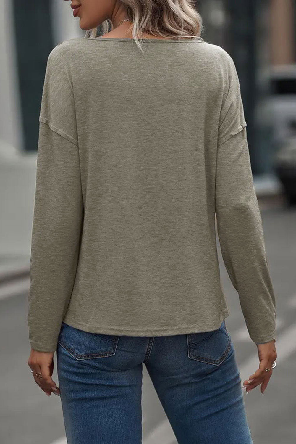 Khaki Long Sleeve V-Neck Stitching Henley Top-yoyobikini