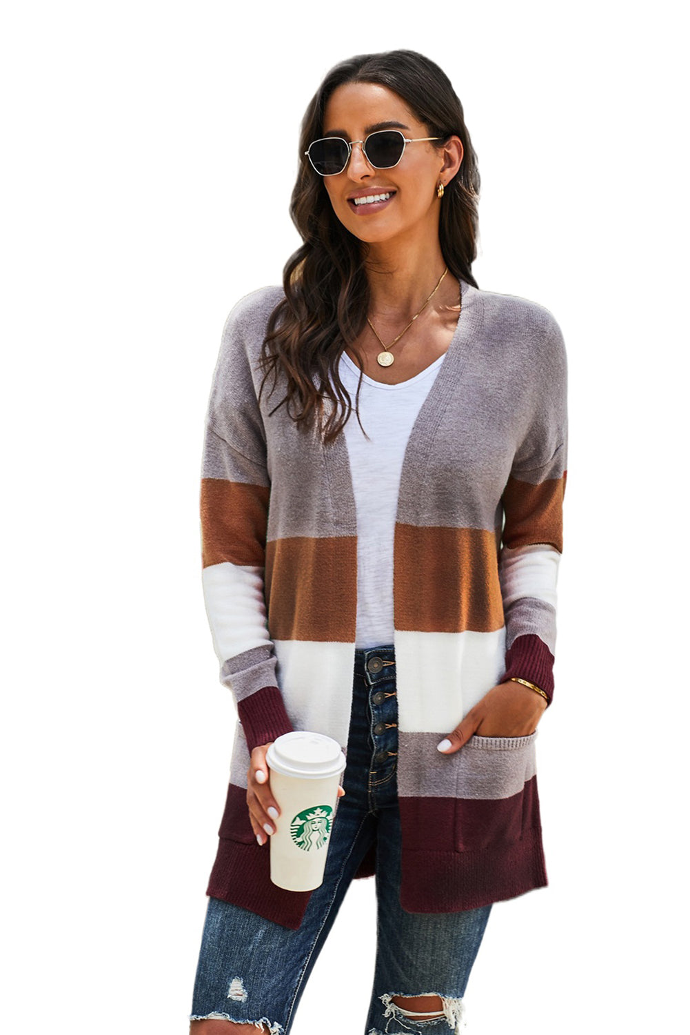 Open Front Colorblock Cardigan with Pockets-yoyobikini