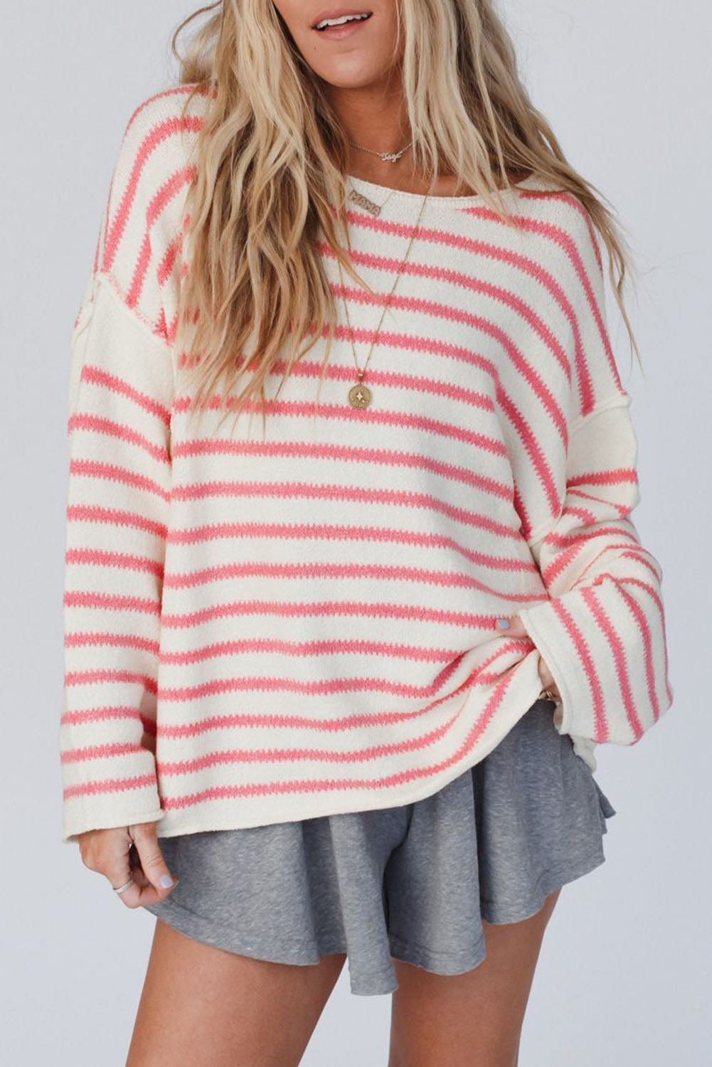 Pink Striped Drop Shoulder Oversized Sweater-yoyobikini