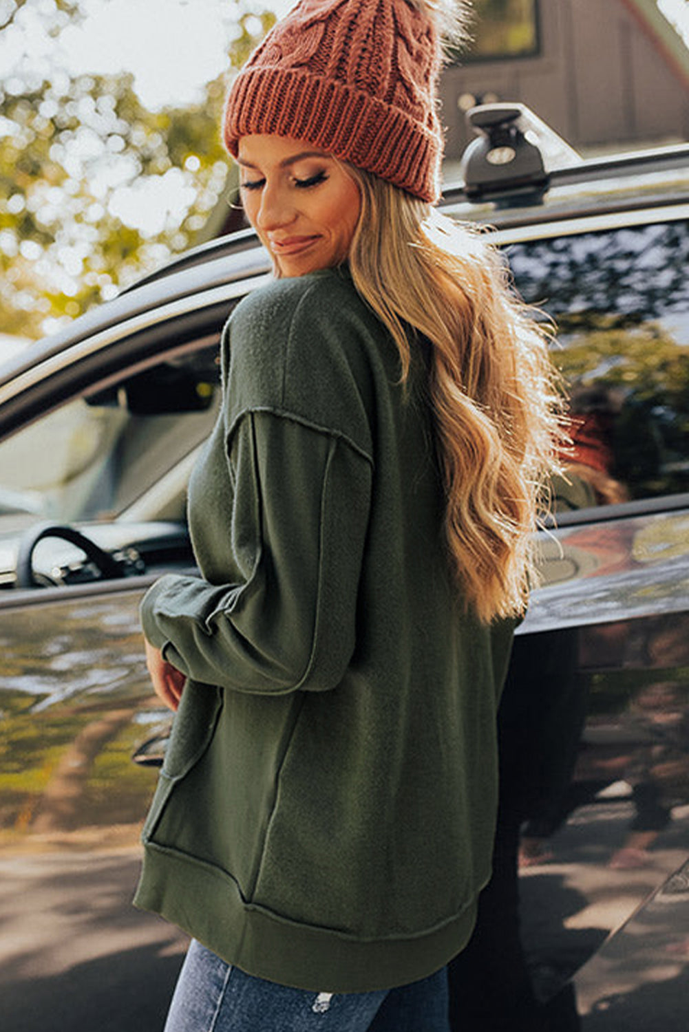 Green Expose Seam Detail Split Neck Long Sleeve Top-yoyobikini