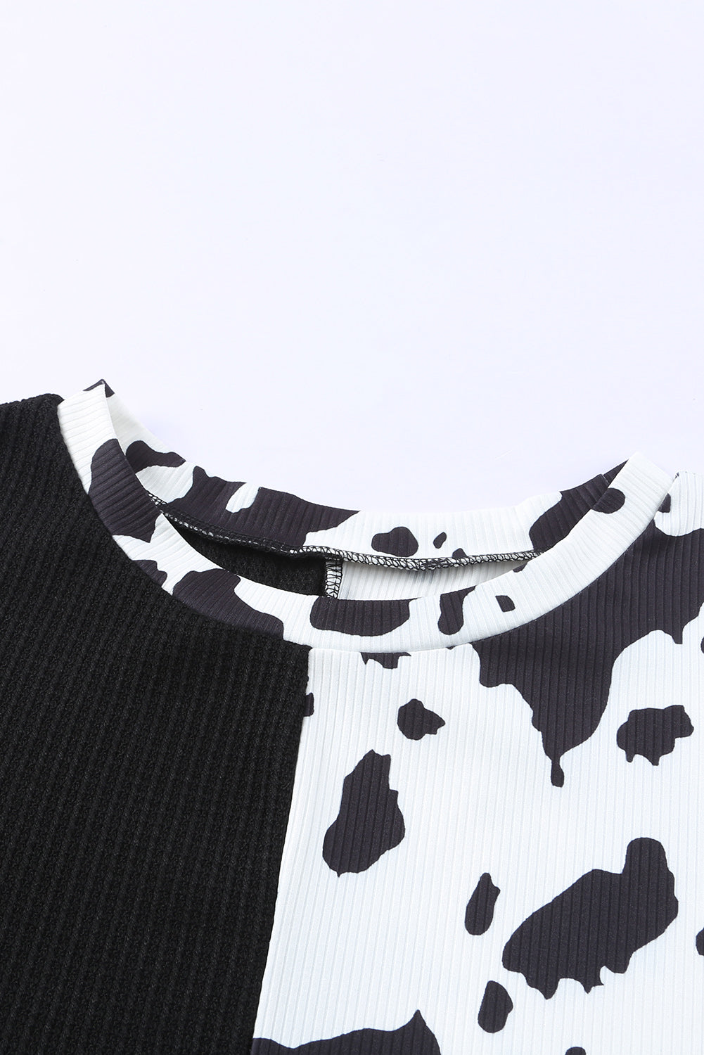 Black Cow Patchwork Waffle Knit Long Sleeve Top-yoyobikini