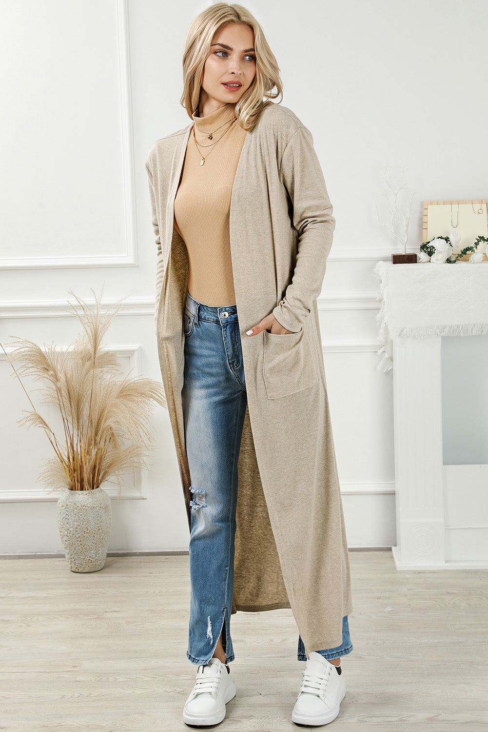 Apricot Open Front Pocketed Duster Cardigan with Slits-yoyobikini